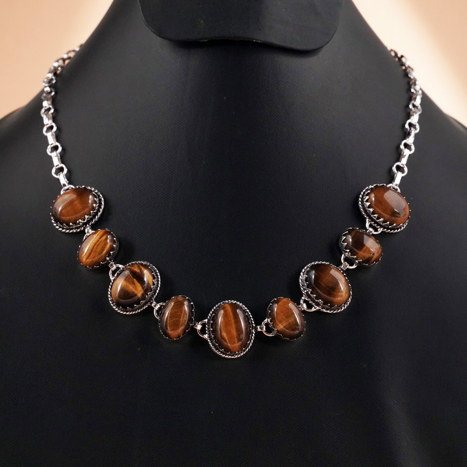 Natural Tiger Eye Sterling Silver Plated Handmade Choker Necklace: Product ID: 260503125608 Product - Handmade Silver Plated Necklace Metal - 9.25 Sterling Silver Plated Necklace Length - 18 Inch Gemstone - Tiger Eye Gemstone Size - 12X16 MM (5 Stone), 10X14 MM (4 St