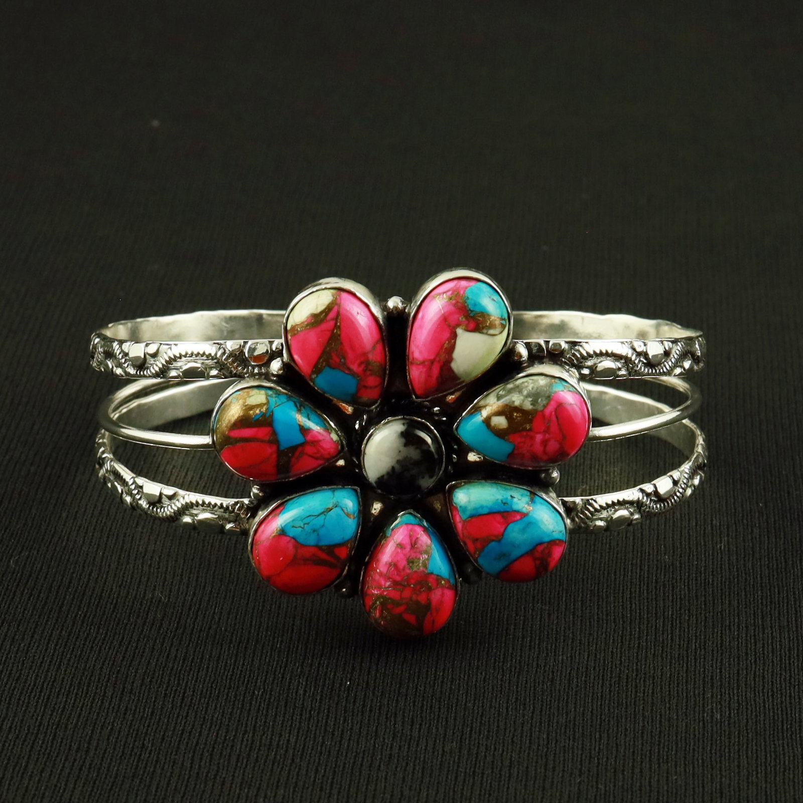 Natural Cotton Candy & Zebra Jasper Sterling Silver Plated Handmade Cuff Bangle: Product ID: 260630163815 Product - Handmade Silver Plated Cuff Bangle Metal - 92.5 Sterling Silver Plated Bangle Size - 7x5 CM (Adjustable) Gemstone - Cotton Candy & Zebra Jasper Gemstone Origin - Uni