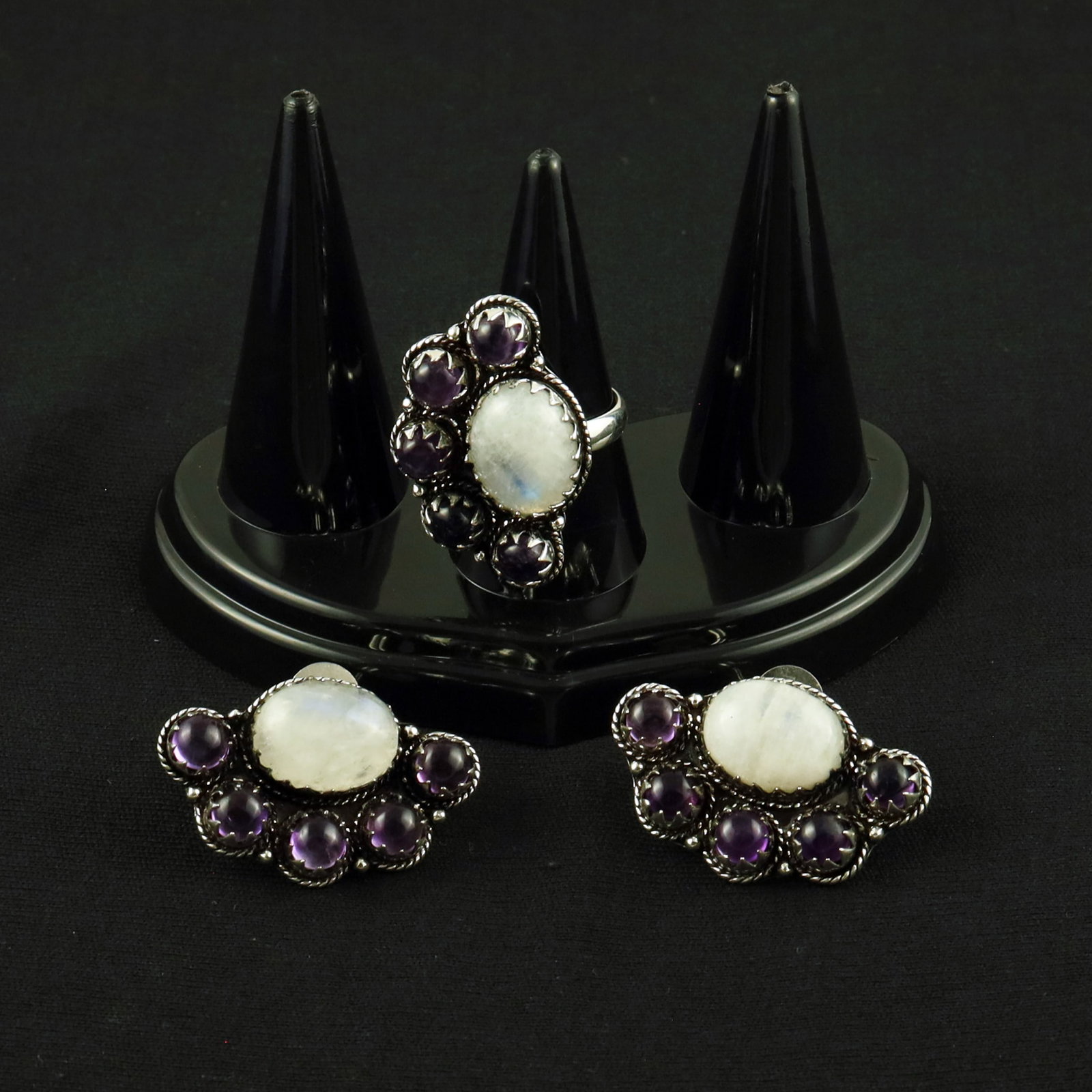 Natural Rainbow Moonstone & Amethyst Silver Plated Handmade Ring - 7MM With Stud Earring: Product ID: 260615125019 Product - Handmade Silver Plated Ring With Stud Earring Metal - 92.5 Sterling Silver Plated Earring Type - Stud Ring Size - 7MM Gemstone - Rainbow Moonstone & Amethyst Gemston