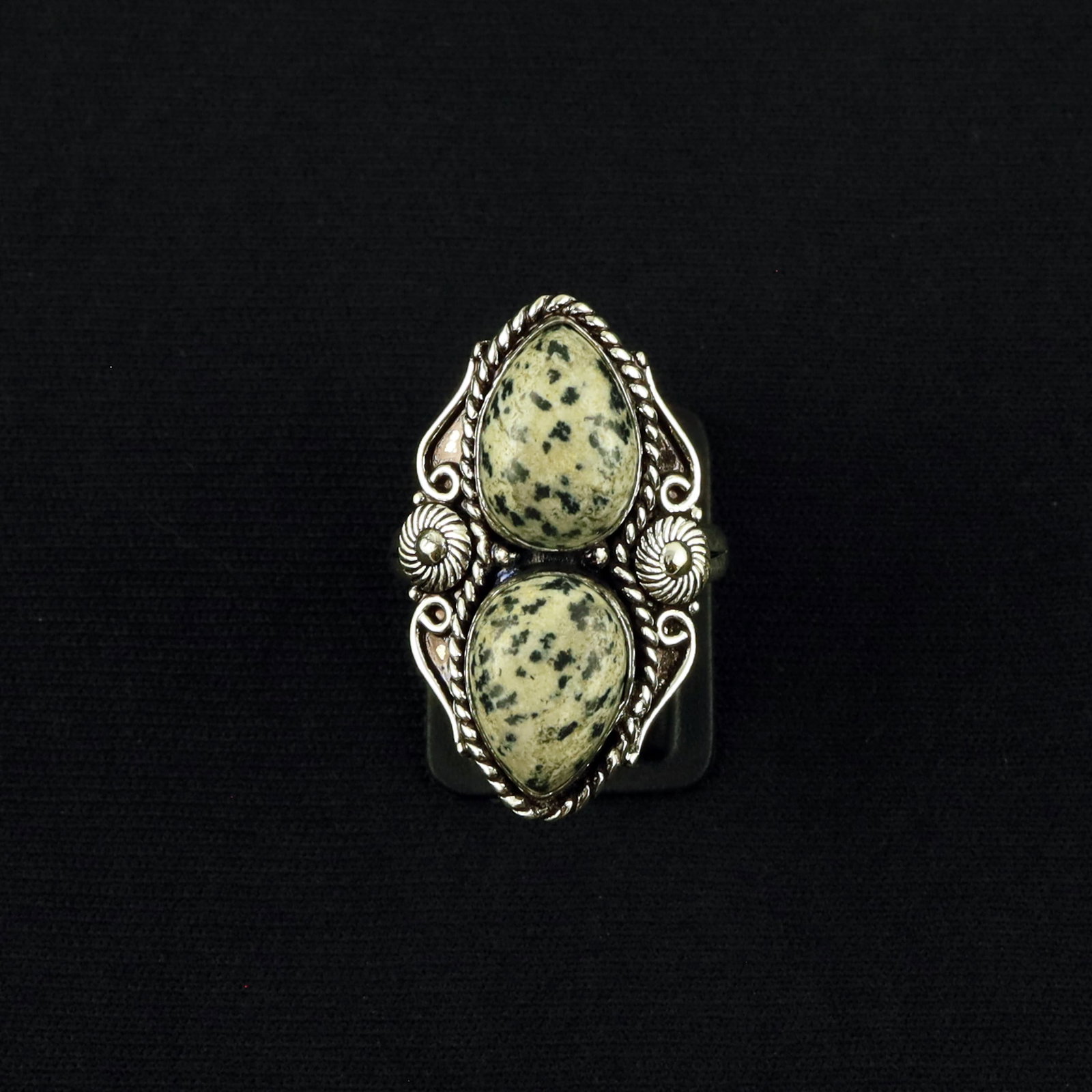 Natural Dalmatian Jasper Sterling Silver Plated Handmade Ring - 9.5MM: Product ID: 260610153234 Product - Handmade Silver Plated Ring Metal - 92.5 Sterling Silver Plated Ring Size - 9.5MM Gemstone - Dalmatian Jasper Gemstone Origin - Mexico Gemstone Size - 10X14 MM ( 2 S