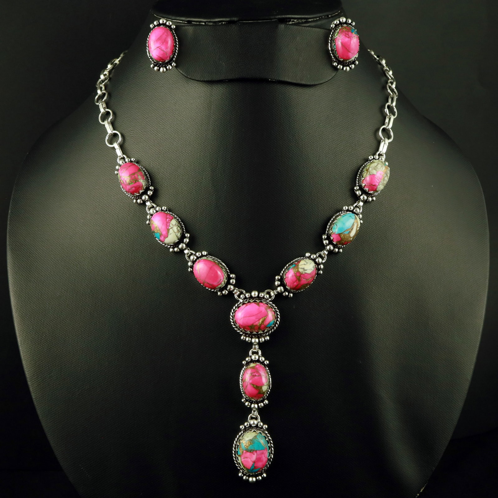 Natural Cotton Candy Silver Plated Handmade Necklace With Stud Earring: Product ID: 260521165033 Product - Handmade Silver Plated Necklace With Earring Metal - 92.5 Sterling Silver Plated Necklace Length - 18 Inch Gemstone - Cotton Candy Gemstone Size - 12X16 MM ( 2 Stone