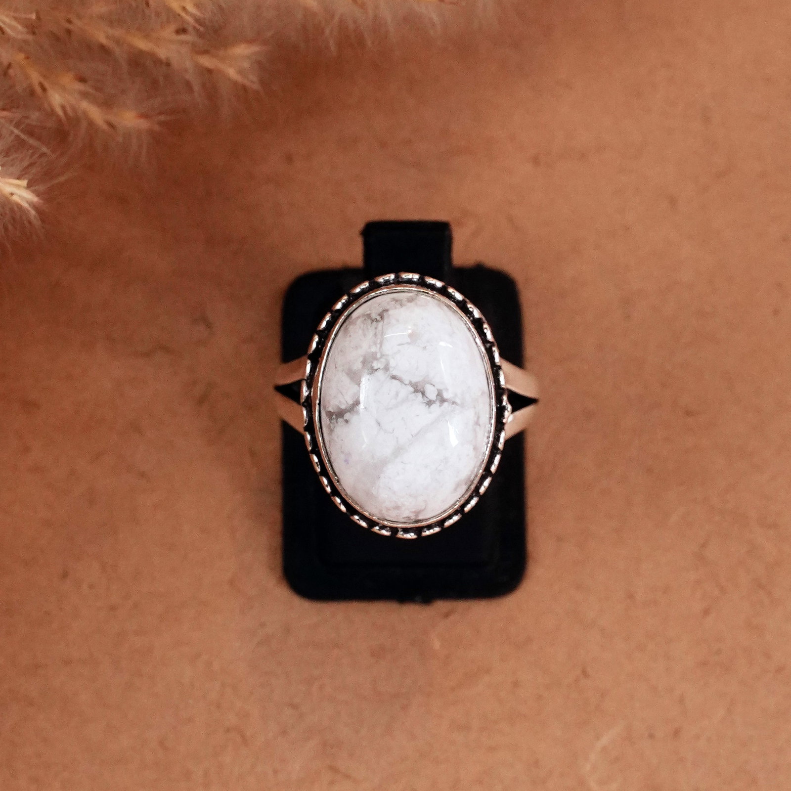 Natural Howlite Sterling Silver Plated Handmade Ring - 7MM: Product ID: 260510121811 Product - Handmade Silver Plated Ring Metal - 92.5 Sterling Silver Plated Ring Size - 7MM Gemstone - Howlite Gemstone Origin - Canada Gemstone Size - 12X16 MM Gemstone Shape -