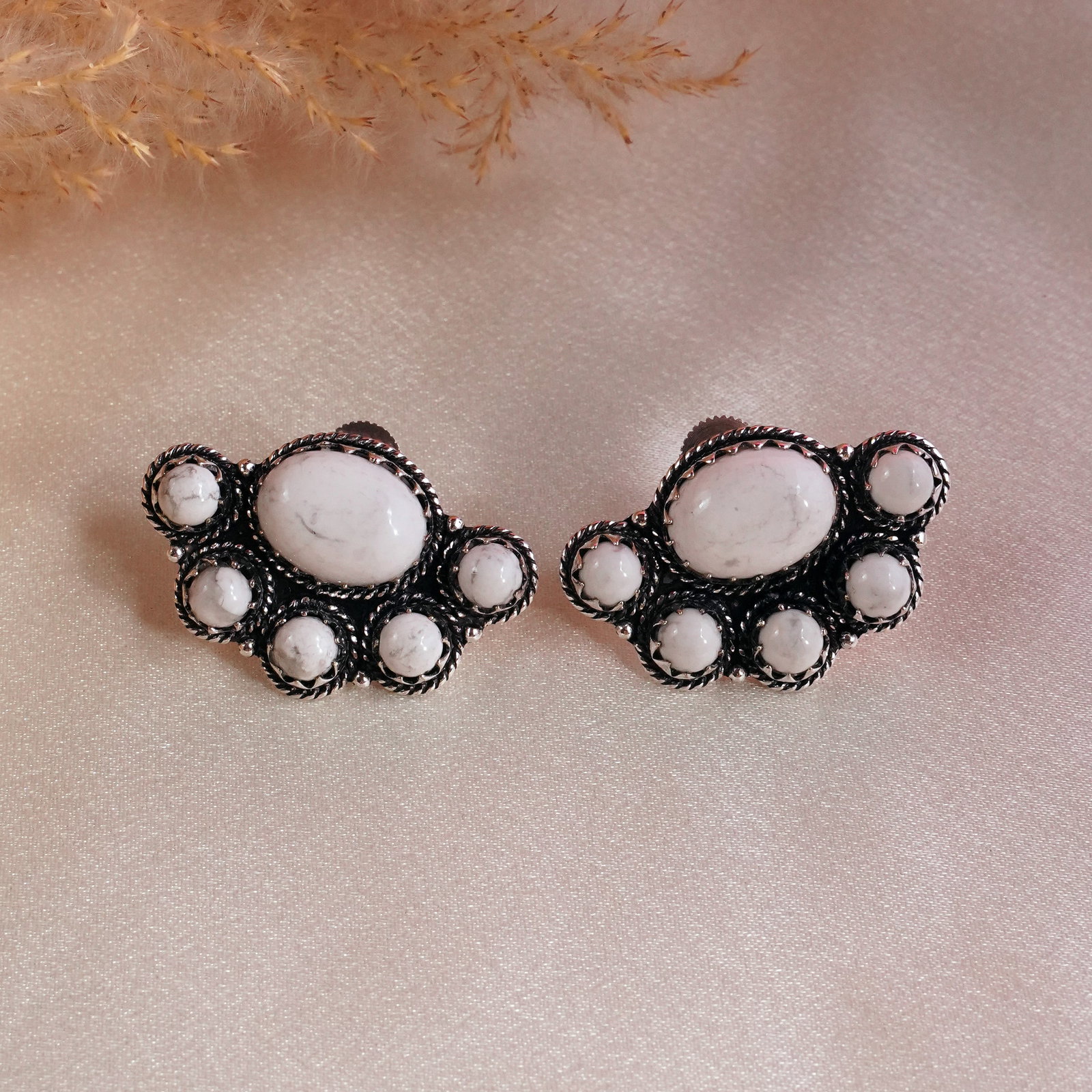 Natural Howlite Sterling Silver Plated Handmade Stud Earring: Product ID: 260502135113 Product - Handmade Silver Plated Stud Earring Metal - 92.5 Sterling Silver Plated Earring Type - Stud Gemstone - Howlite Gemstone Origin - Canada Gemstone Size - 12X16 MM ( 2 