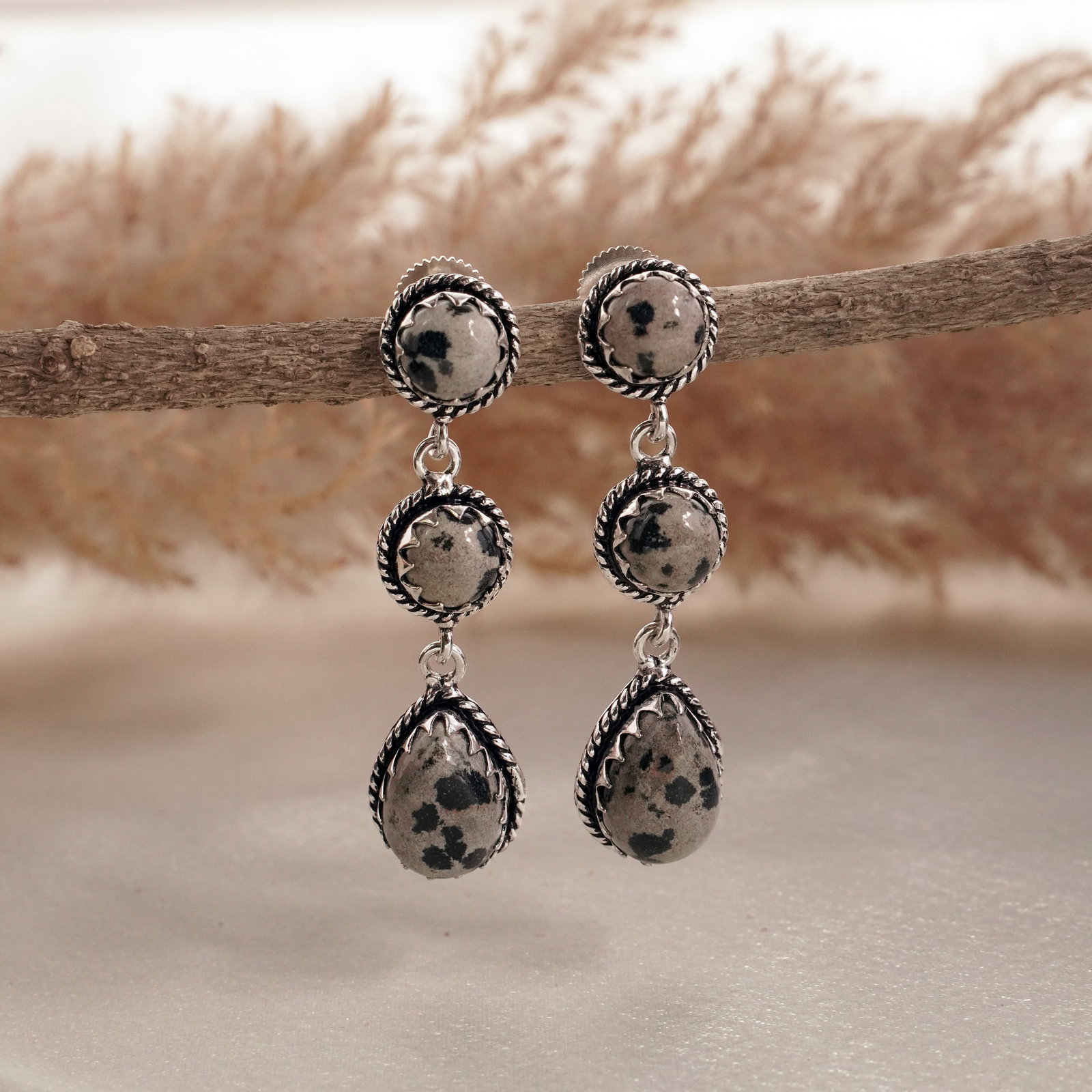 Natural Dalmatian Sterling Silver Plated Handmade Stud Earring: Product ID: 260502130014 Product - Handmade Silver Plated Stud Earring Metal - 92.5 Sterling Silver Plated Earring Type - Stud Gemstone - Dalmatian Jasper Gemstone Origin - Mexico Gemstone Size - 10X1
