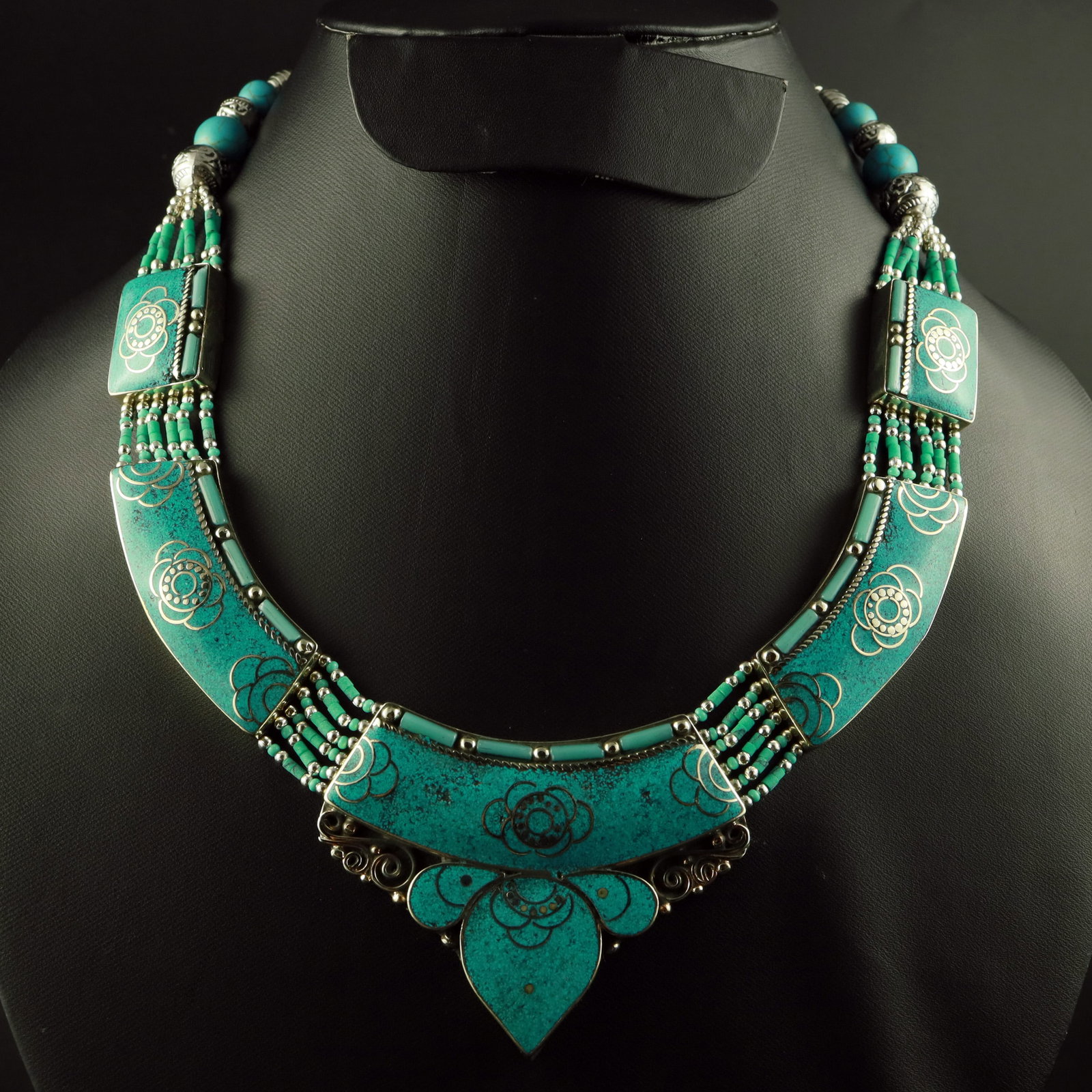 Tibetan Natural Turquoise Handmade Designer Boho Necklace: Product ID: 260518171448 Product - Tibetan Handmade Necklace Gemstone - Natural Turquoise Necklace Length - 18 Inch Necklace Weight - 135 Gram Approx Metal - Brass & Copper mix Metal Origin - Nepal Co