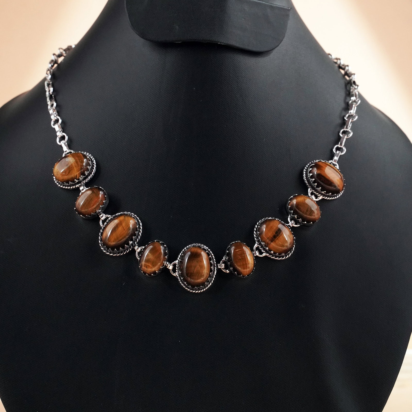 Natural Tiger Eye Sterling Silver Plated Handmade Choker Necklace: Product ID: 260503125526 Product - Handmade Silver Plated Necklace Metal - 9.25 Sterling Silver Plated Necklace Length - 18 Inch Gemstone - Tiger Eye Gemstone Size - 12X16 MM (5 Stone), 10X14 MM (4 St