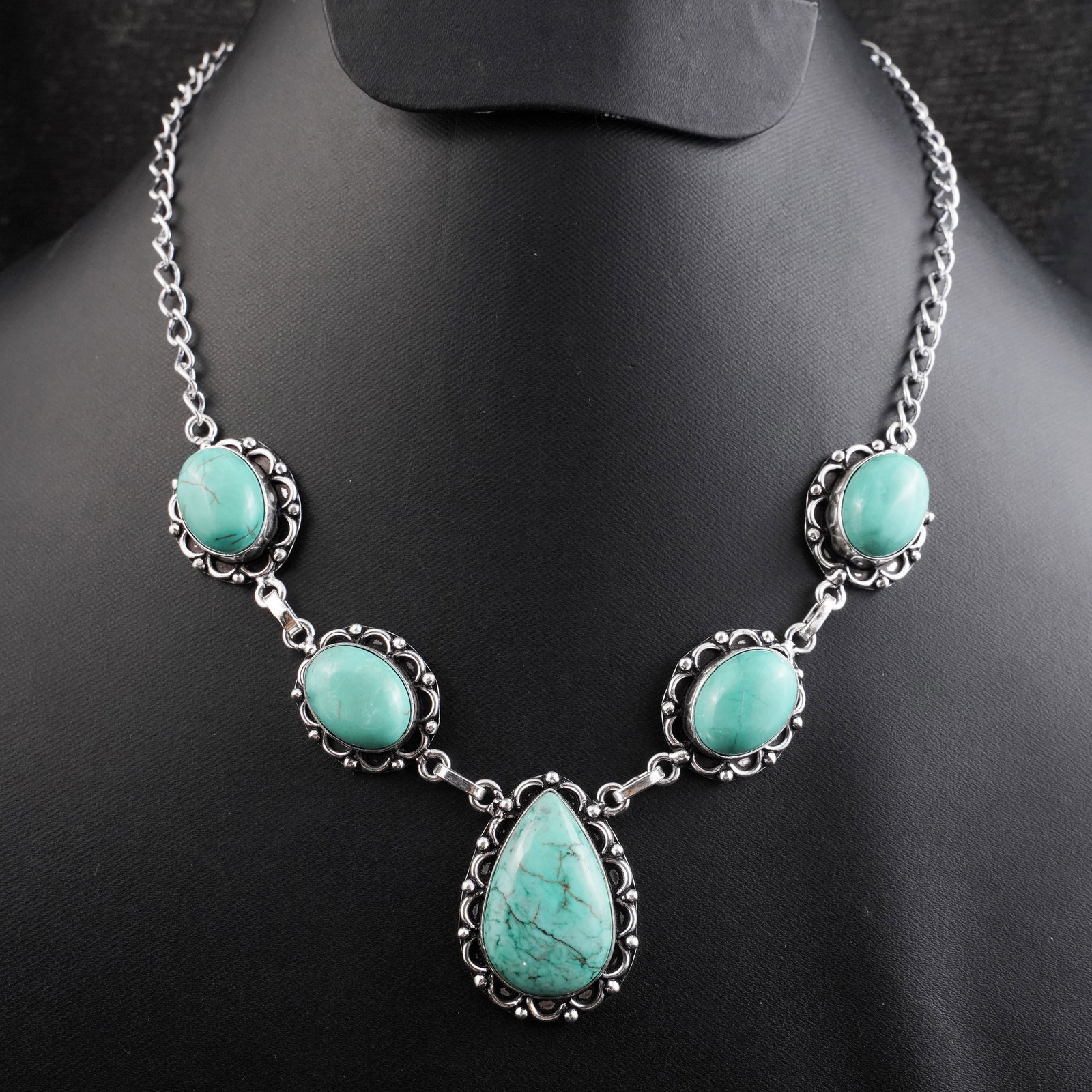 Natural Turquoise Sterling Silver Plated Handmade Choker Necklace: Product ID: 260430172455 Product - Handmade Silver Plated Necklace Metal - 92.5 Sterling Silver Plated Necklace Length - 18 Inch Gemstone - Turquoise Gemstone Size - 12X16 MM (4 Stone), 3X1.5 CM (1 St
