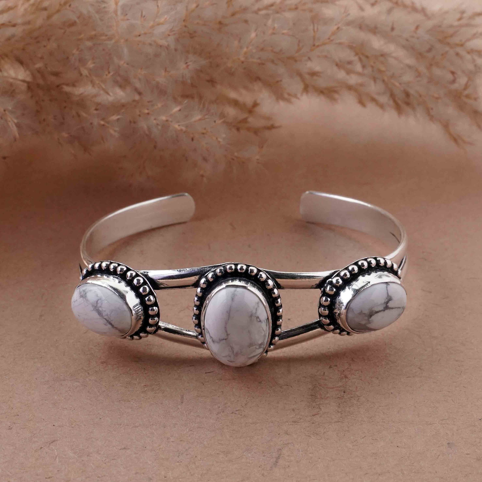 New Arrival - Howlite Sterling Silver Plated Handmade Cuff Bangle: Product ID: 260429151238 Product - Handmade Silver Plated Cuff Bangle Metal - 92.5 Sterling Silver Plated Bangle Size - 6.5x4.5 CM (Adjustable) Gemstone - Howlite Gemstone Origin - Canada Gemstone Siz