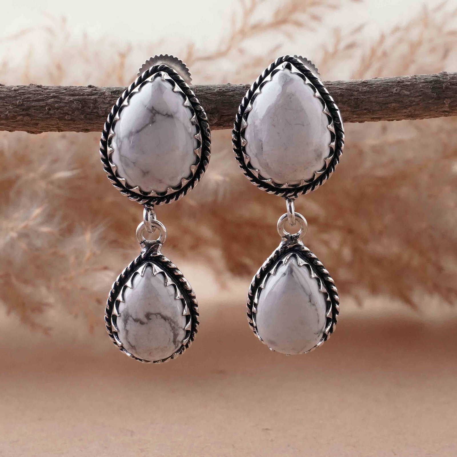 Natural Howlite Sterling Silver Plated Handmade Stud Earring: Product ID: 260418104343 Product - Handmade Silver Plated Stud Earring Metal - 92.5 Sterling Silver Plated Earring Type - Stud Gemstone - Howlite Gemstone Origin - Canada Gemstone Size - 12X16 MM ( 2 