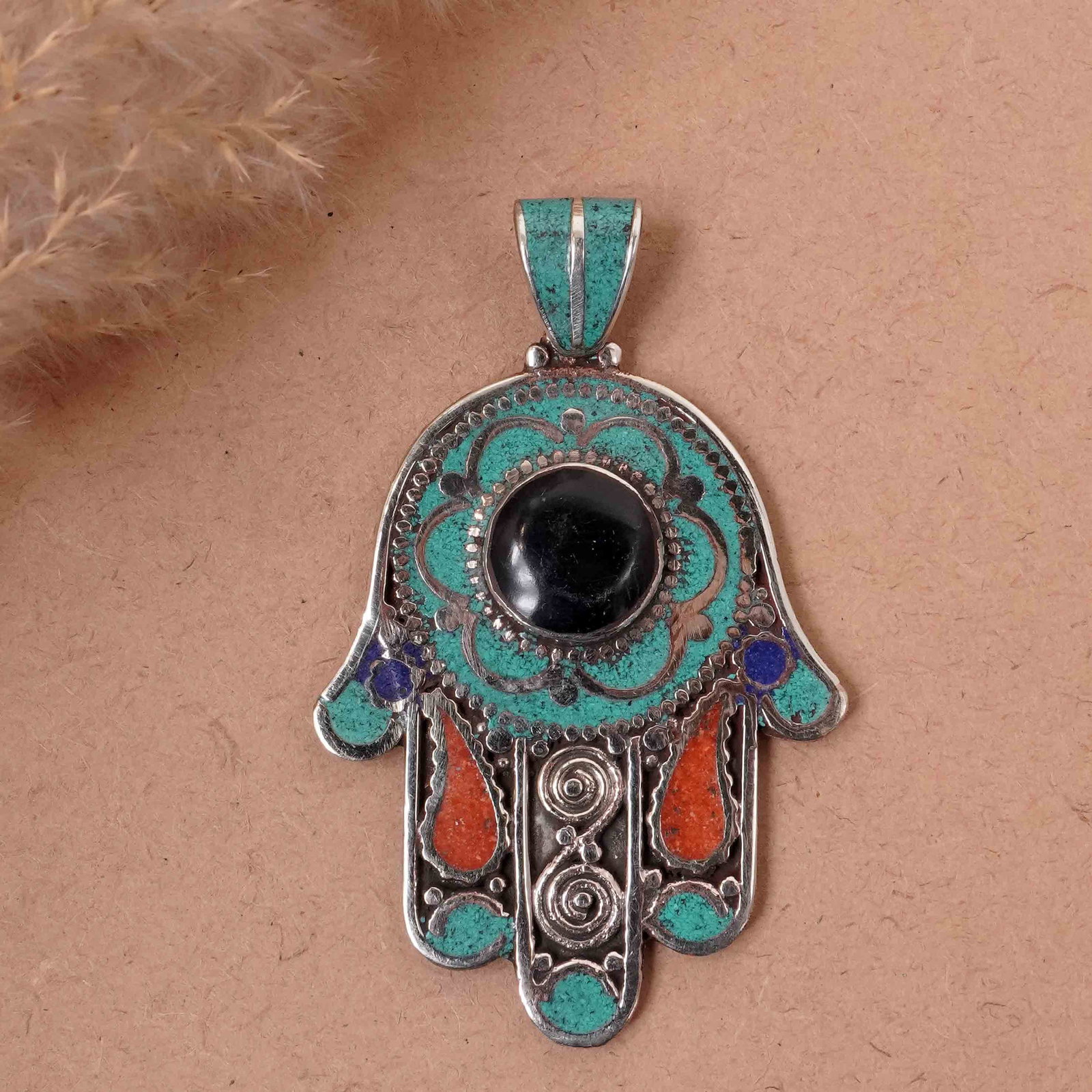 Tibetan Turquoise & Coral Handmade Fatima Hand Pendant: Product ID: 260417145832 Product - Tibetan Handmade Pendant Gemstone - Natural Turquoise & Coral & Black Onyx & Lapis Pendant Size - 6.5X4.5 CM Pendant Weight - 24 Gram Metal - Brass & Copper mix Meta