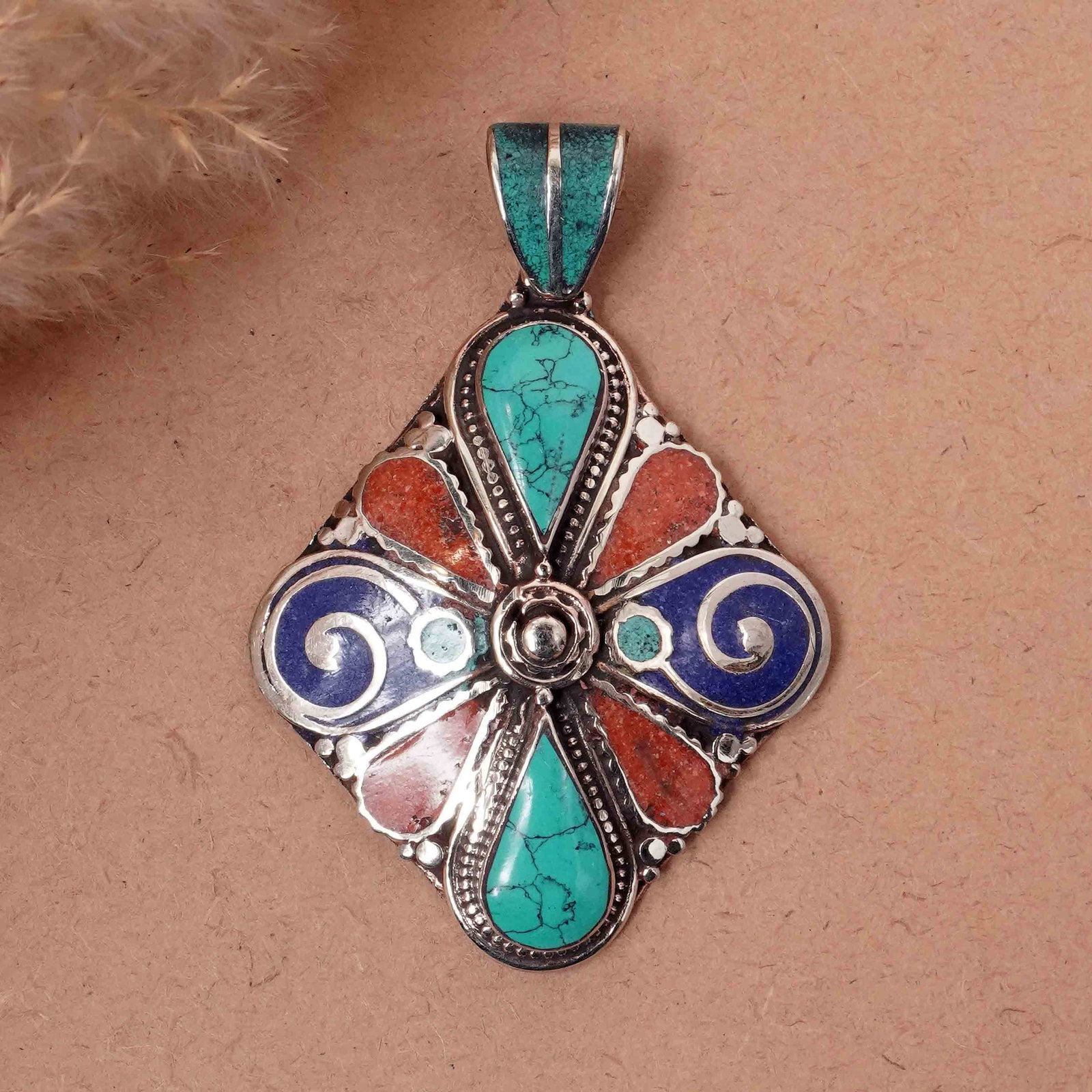 Tibetan Turquoise & Coral Handmade Choker Pendant: Product ID: 260417145755 Product - Tibetan Handmade Pendant Gemstone - Natural Turquoise & Coral & Lapis Pendant Size - 6X5 CM Pendant Weight - 25 Gram Metal - Brass & Copper mix Metal Origin - Nepal 