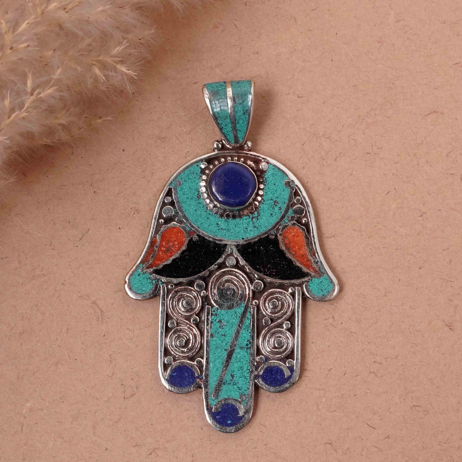 Tibetan Turquoise & Black Onyx Handmade Fatima Hand Pendant: Product ID: 260417145653 Product - Tibetan Handmade Pendant Gemstone - Natural Turquoise & Coral & Black Onyx & Lapis Pendant Size - 6.5X4.5 CM Pendant Weight - 24 Gram Metal - Brass & Copper mix Meta