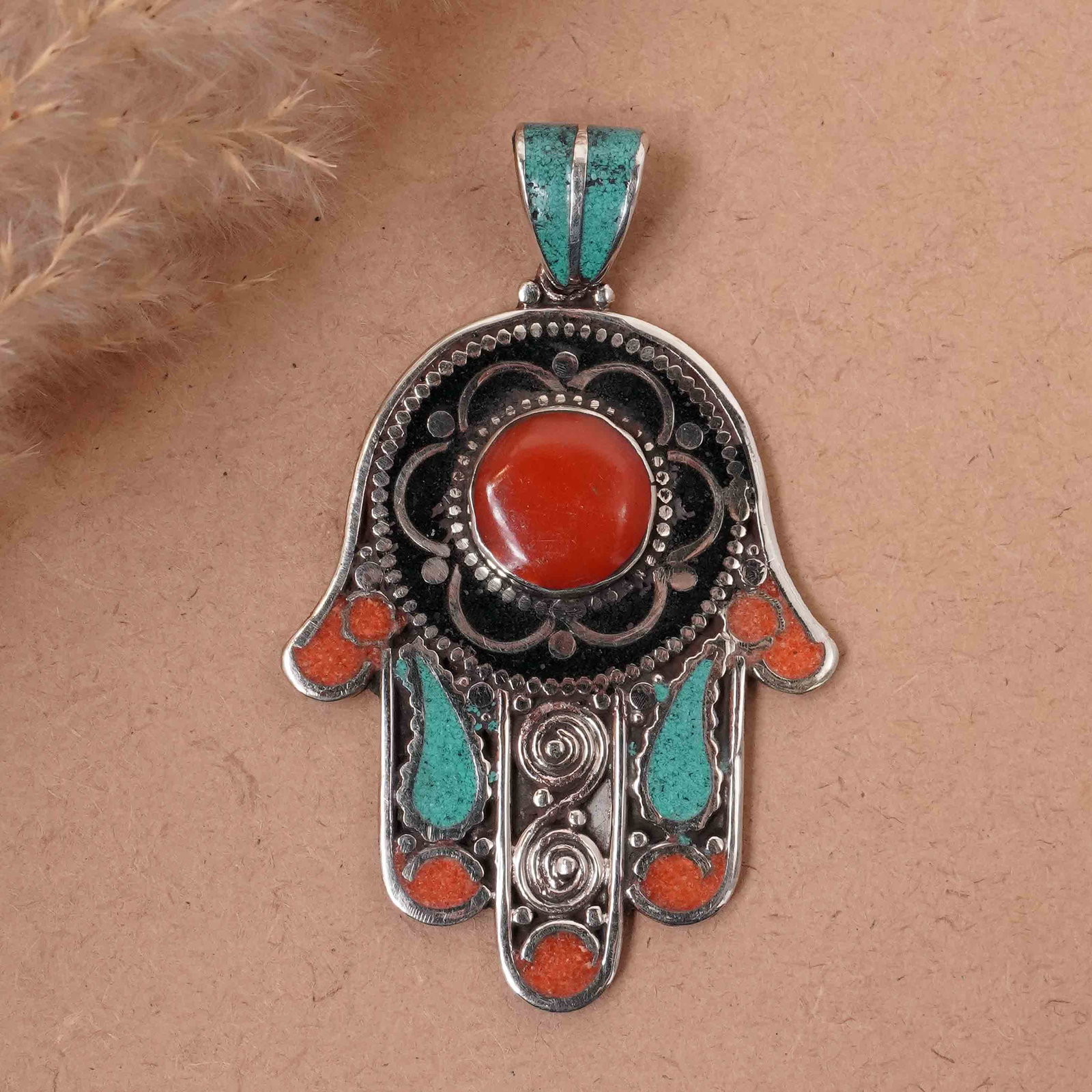 Tibetan Turquoise & Coral Handmade Fatima Hand Pendant: Product ID: 260417145457 Product - Tibetan Handmade Pendant Gemstone - Natural Turquoise & Coral & Black Onyx Pendant Size - 6.5X4.5 CM Pendant Weight - 24 Gram Metal - Brass & Copper mix Metal Origin