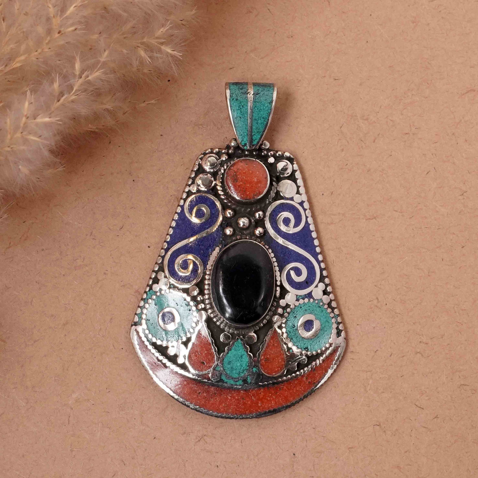 Tibetan Turquoise & Coral Handmade Ethnic Choker Pendant: Product ID: 260417145251 Product - Tibetan Natural Handmade Pendant Gemstone - Natural Turquoise & Coral & Black Onyx & Lapis Pendant Size - 6X4.5 CM Pendant Weight - 26 Gram Metal - Brass & Copper mi