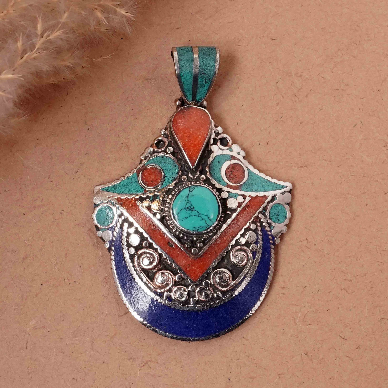 Tibetan Turquoise & Coral & Lapis Handmade Boho Pendant: Product ID: 260417145156 Product - Tibetan Natural Handmade Pendant Gemstone - Natural Turquoise & Coral & Lapis Pendant Size - 6X5 CM Pendant Weight - 26 Gram Metal - Brass & Copper mix Metal Origin 