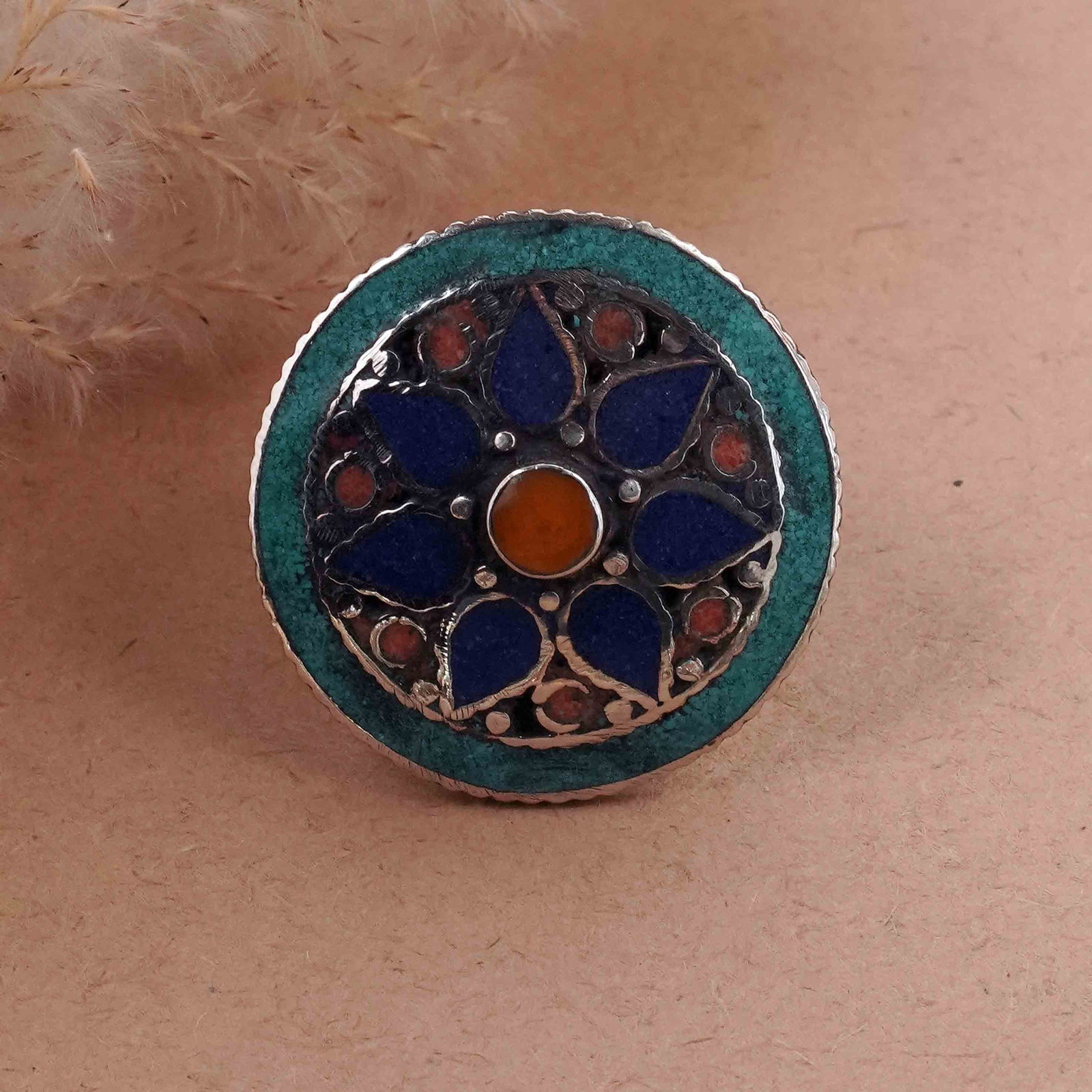 Tibetan Turquoise, Coral & Copal & Lapis Handmade Boho Ring - Free Size: Product ID: 260416135343 Product - Tibetan Natural Handmade Ring Ring Size - Free Size Ring Weight - 19 Gram Gemstone - Natural Turquoise & Coral & Copal & Lapis Metal - Brass & Copper mix Metal Origi