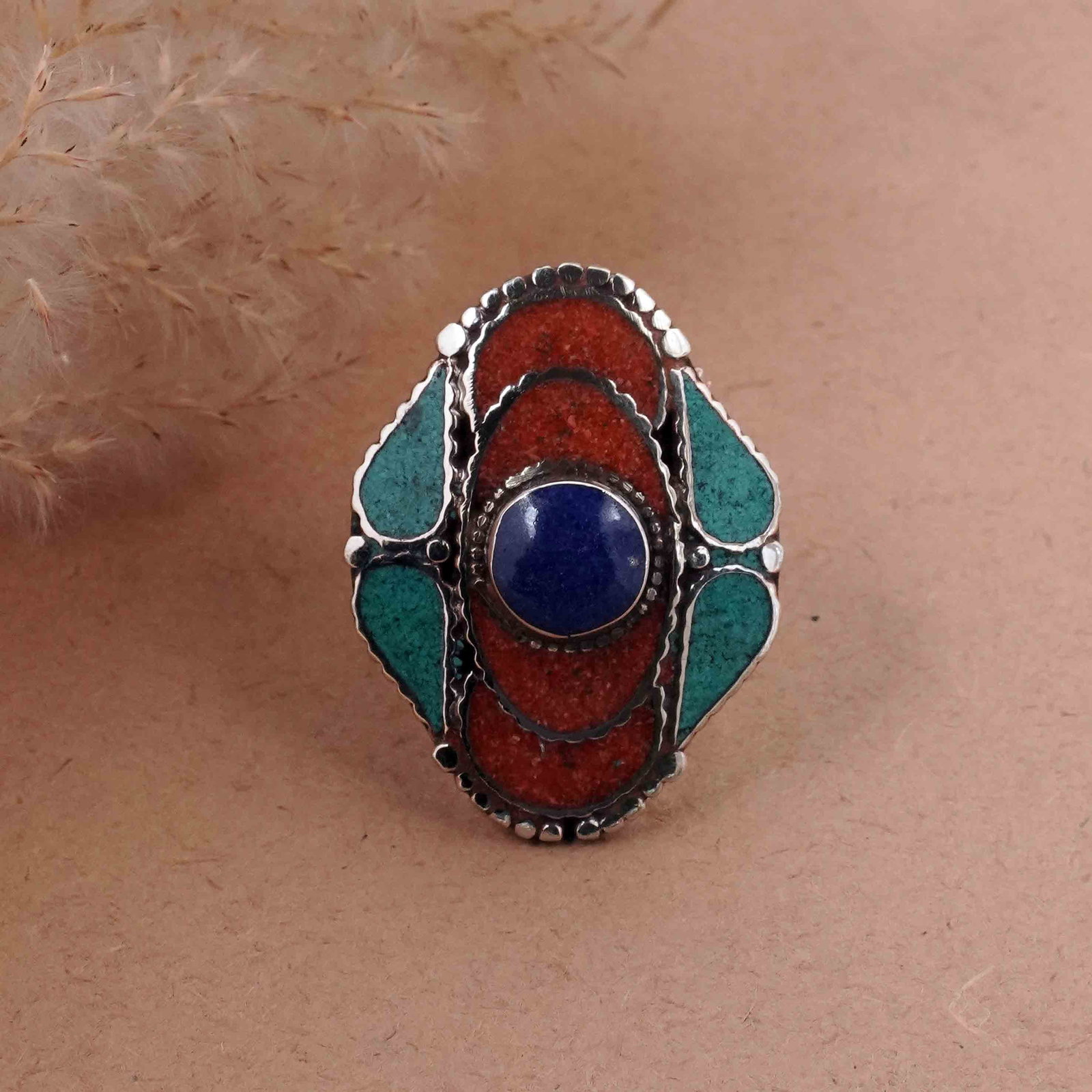 Tibetan Turquoise, Coral & Lapis Handmade Choker Ring - Free Size: Product ID: 260416135135 Product - Tibetan Handmade Ethnic Ring Ring Size - Free Size Ring Weight - 17 Gram Gemstone - Natural Turquoise & Coral & Lapis Metal - Brass & Copper mix Metal Origin - Nepal