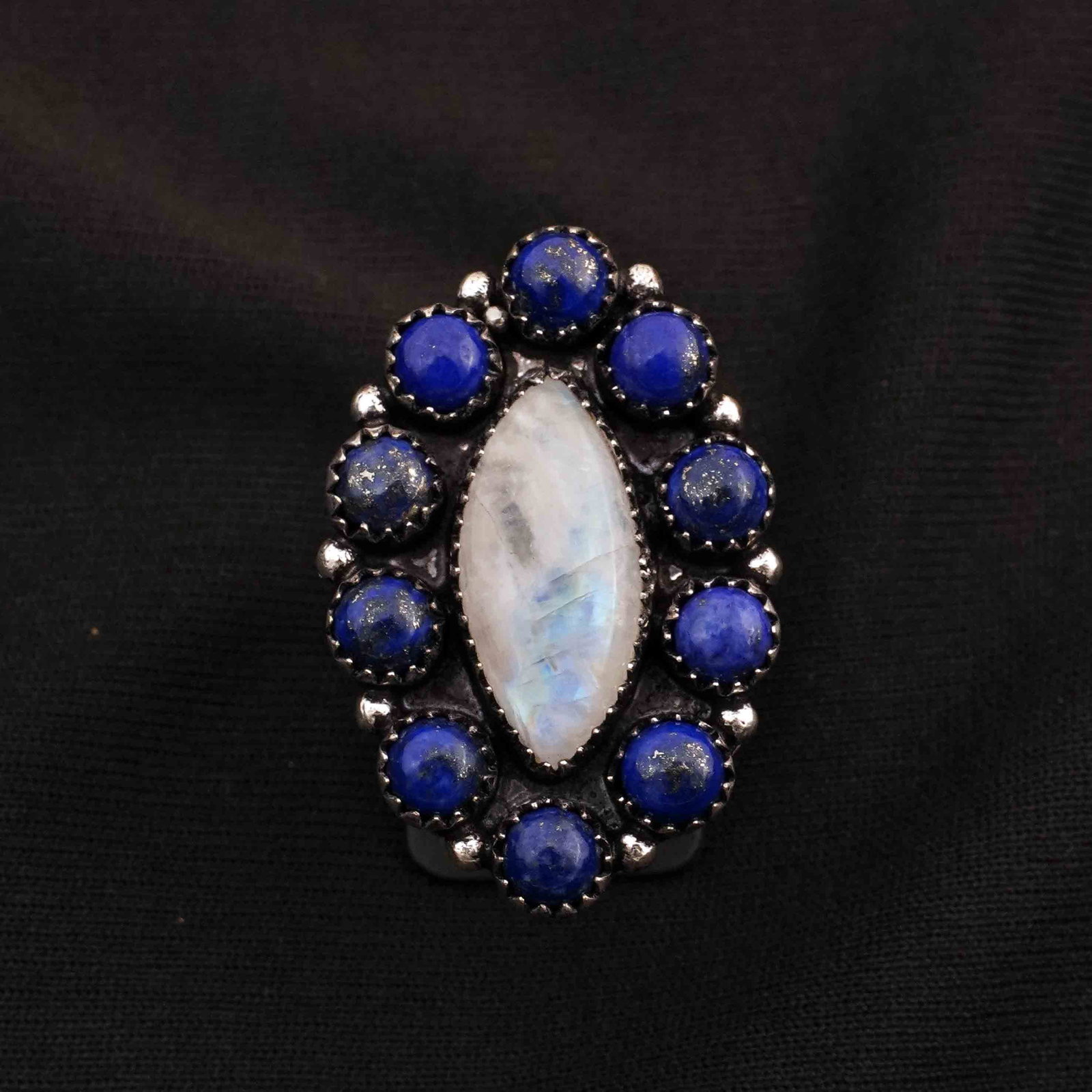 Natural Rainbow Moonstone & Lapis Sterling Silver Plated Handmade Ring - 7.5MM (1 of 3)