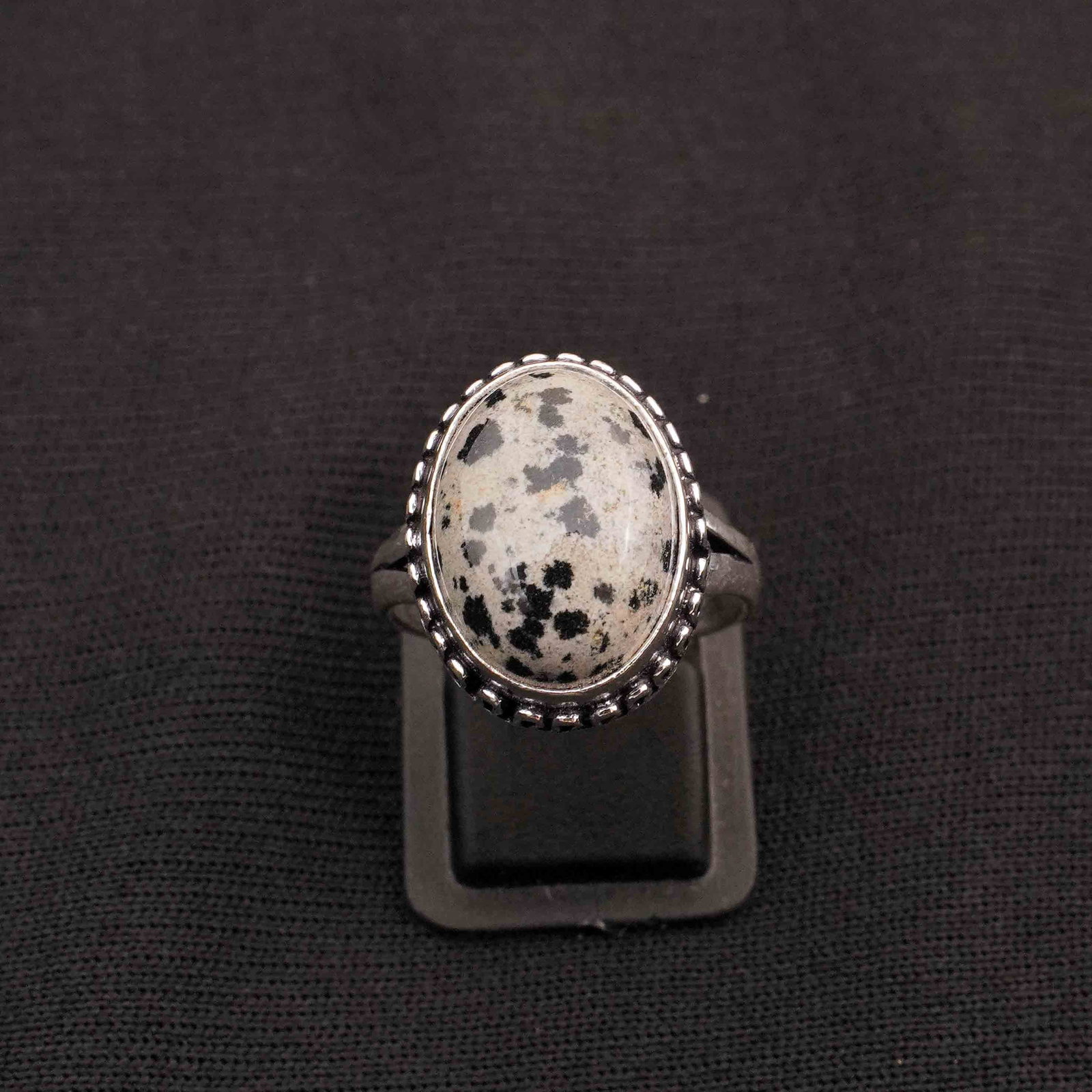Natural Dalmatian Jasper Sterling Silver Plated Handmade Ring - 7.5MM: Product ID: 260413122704 Product - Handmade Silver Plated Ring Metal - 92.5 Sterling Silver Plated Ring Size - 7.5MM Gemstone - Dalmatian Gemstone Origin - Mexico Gemstone Size - 12X16 MM Gemstone Sha