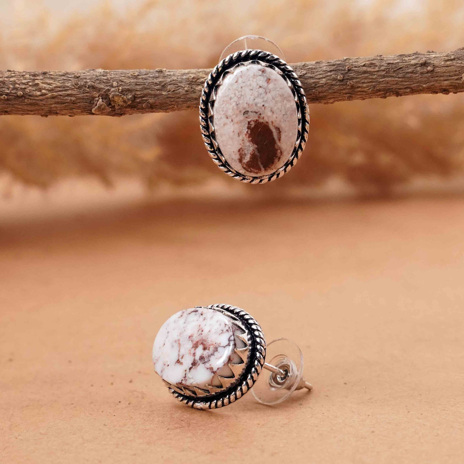 Natural Wild Horse Sterling Silver Plated Handmade Stud Earring: Product ID: 260413111227 Product - Handmade Silver Plated Stud Earring Metal - 92.5 Sterling Silver Plated Earring Type - Stud Gemstone - Wild Horse Gemstone Origin - United States Gemstone Size - 12X