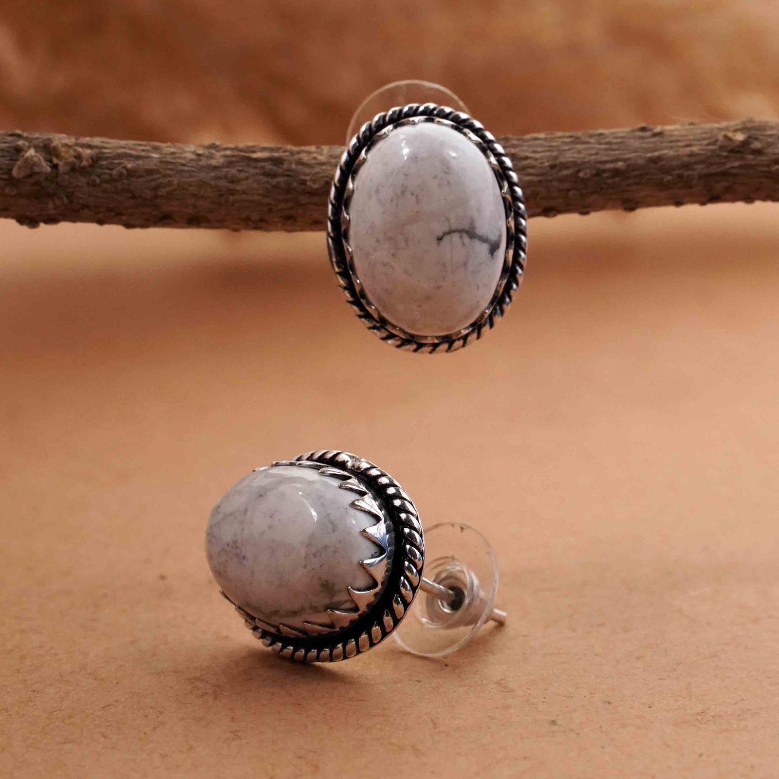 Natural Howlite Sterling Silver Plated Handmade Stud Earring: Product ID: 260413111146 Product - Handmade Silver Plated Stud Earring Metal - 92.5 Sterling Silver Plated Earring Type - Stud Gemstone - Howlite Gemstone Origin - Canada Gemstone Size - 12X16 MM ( 2 