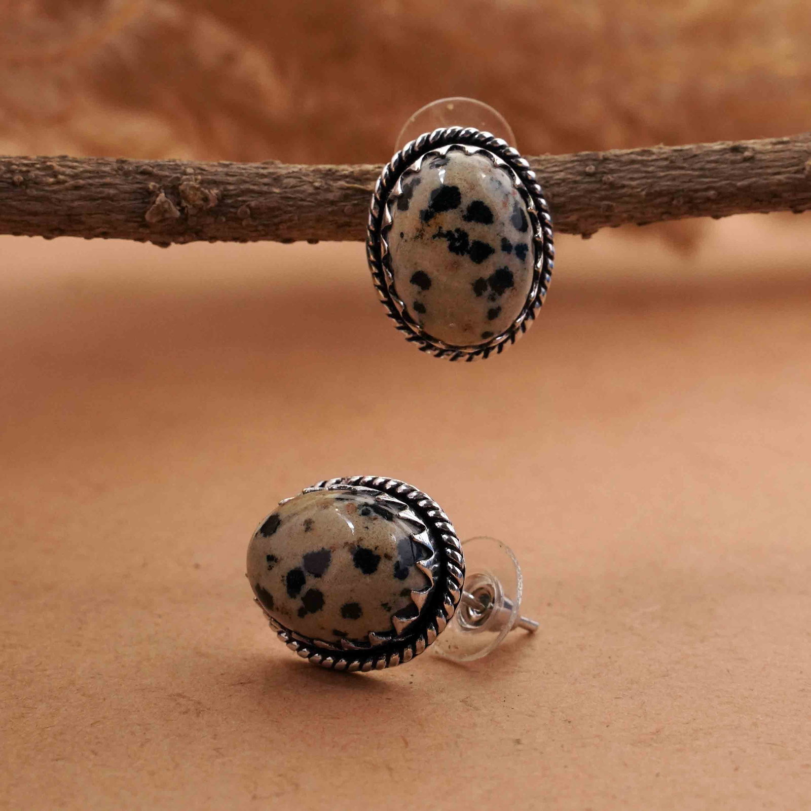 Natural Dalmatian Jasper Sterling Silver Plated Handmade Stud Earring: Product ID: 260413110948 Product - Handmade Silver Plated Stud Earring Metal - 92.5 Sterling Silver Plated Earring Type - Stud Gemstone - Dalmatian Jasper Gemstone Origin - Mexico Gemstone Size - 12X1
