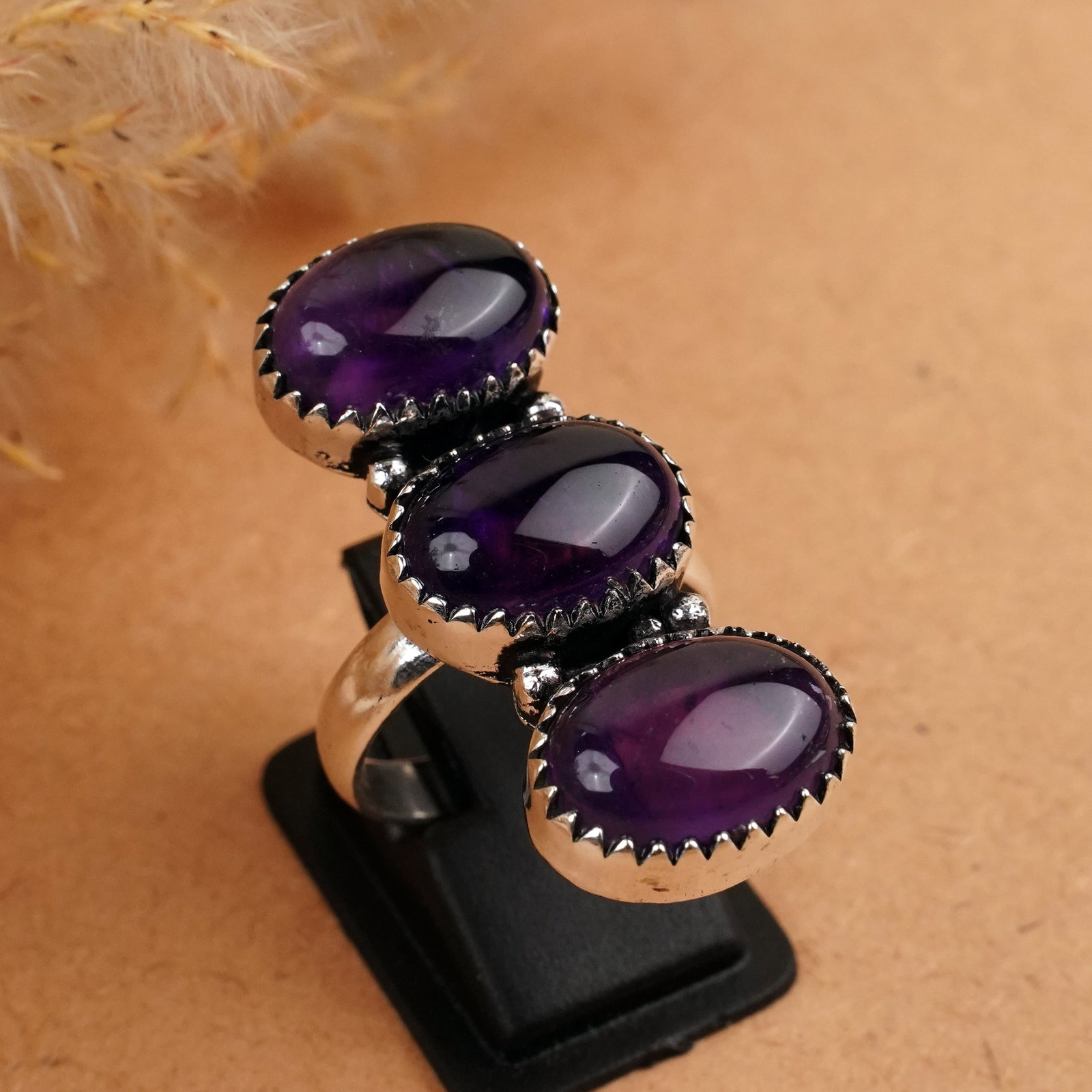 Natural Amethyst Sterling Silver Plated Handmade Ring - 8.5MM: Product ID: 260409144326 Product - Handmade Silver Plated Ring Metal - 92.5 Sterling Silver Plated Ring Size - 8.5MM Gemstone - Amethyst Gemstone Origin - Brazil Gemstone Size - 10X14 MM ( 3 Stone ) G