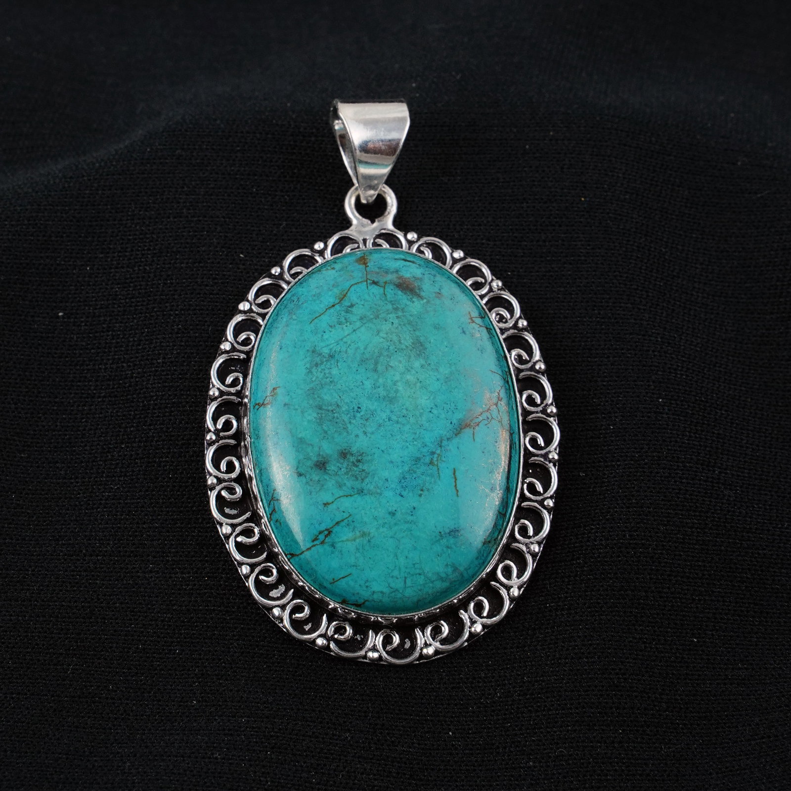 Natural Turquoise Sterling Silver Plated Handmade Pendant: Product ID: 260404212953 Product - Handmade Silver Plated Pendant Metal - 92.5 Sterling Silver Plated Pendant Size - 4.5x3.5 CM Gemstone - Turquoise Gemstone Origin - Tibet Gemstone Shape - Oval Penda