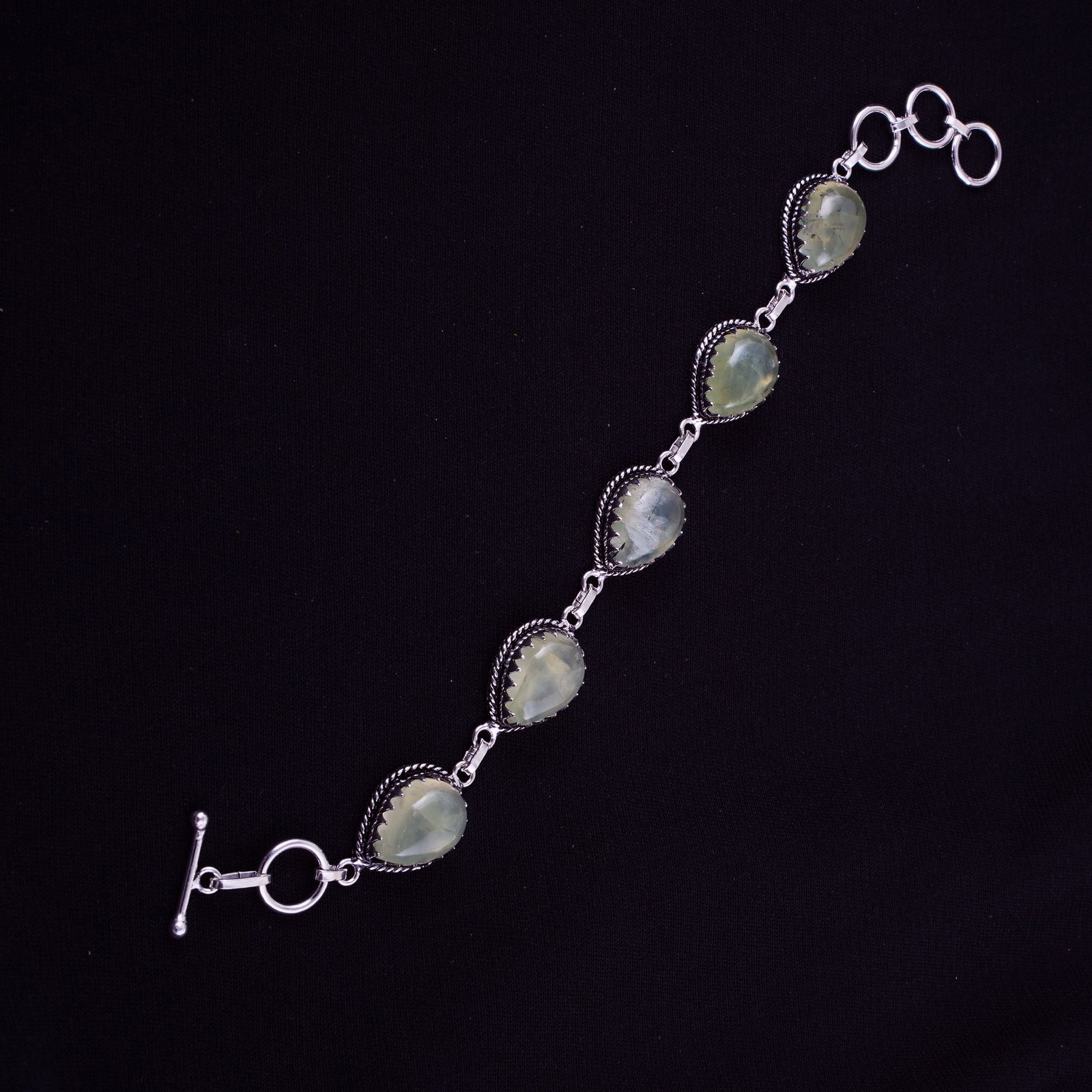 Natural Prehnite Sterling Silver Plated Handmade Bracelet: Product ID: 260403162445 Product - Handmade Silver Plated Bracelet Metal - 92.5 Sterling Silver Plated Bracelet Length - 6 Inch + 2 Inch Gemstone - Prehnite Gemstone Size -12X16 ( 5 Stone) Gemstone Or