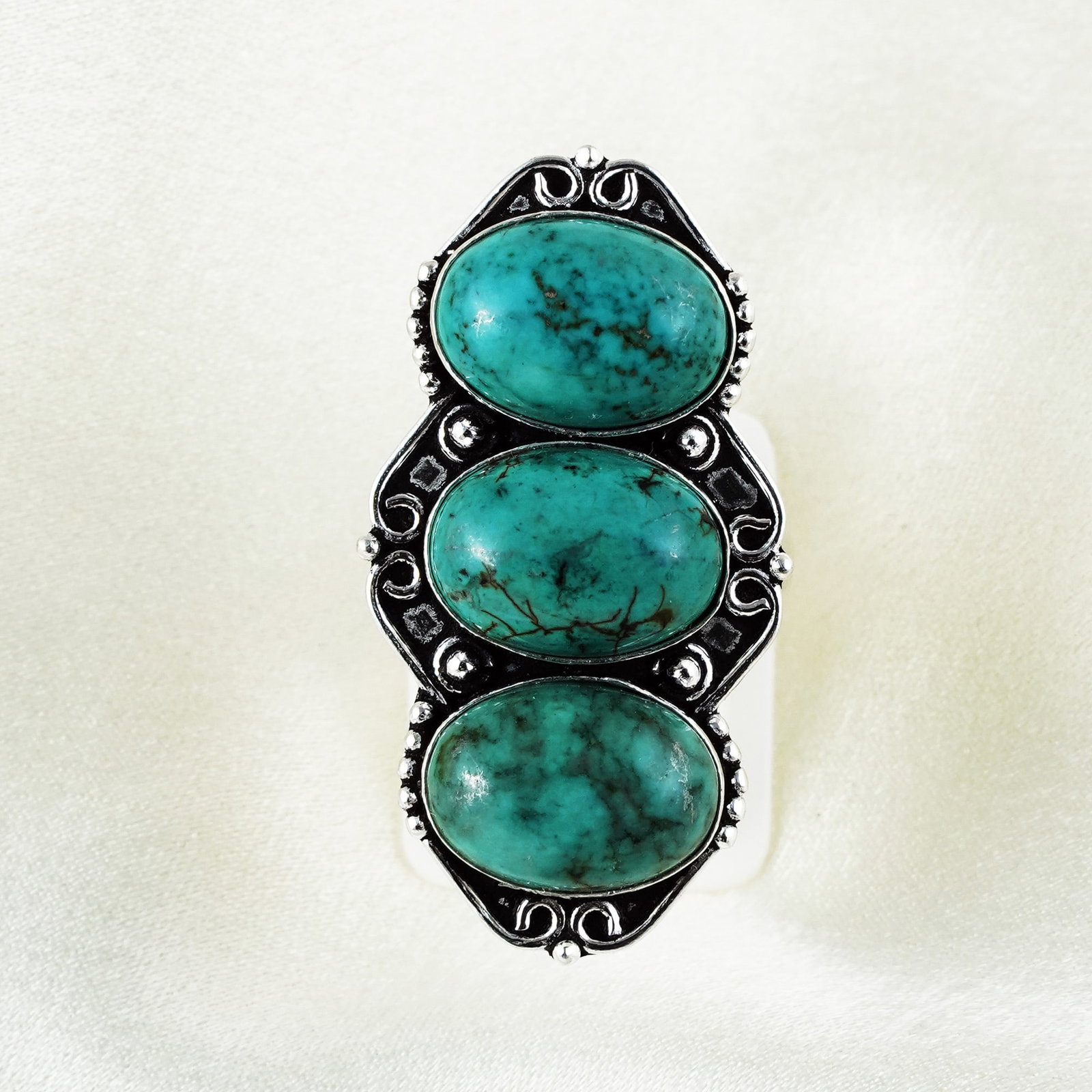 Natural Turquoise Sterling Silver Plated Handmade Ring - 9MM: Product ID: 260401160229 Product - Handmade Silver Plated Ring Metal - 92.5 Sterling Silver Plated Ring Size - 9MM Gemstone - Turquoise Gemstone Origin - Tibet Gemstone Size - 10X14 MM ( 3 Stone ) Gem