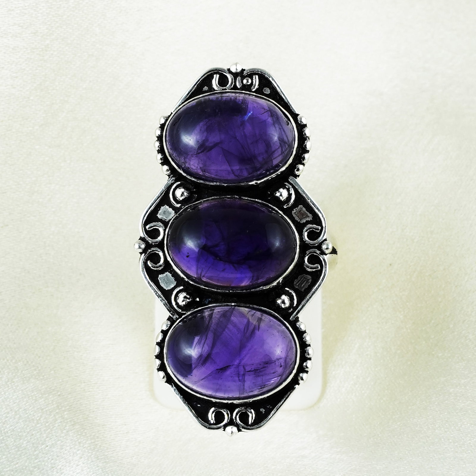 Natural Amethyst Sterling Silver Plated Handmade Ring - 9MM: Product ID: 260401155158 Product - Handmade Silver Plated Ring Metal - 92.5 Sterling Silver Plated Ring Size - 9MM Gemstone - Amethyst Gemstone Origin - Brazil Gemstone Size - 10X14 MM ( 3 Stone ) Gem