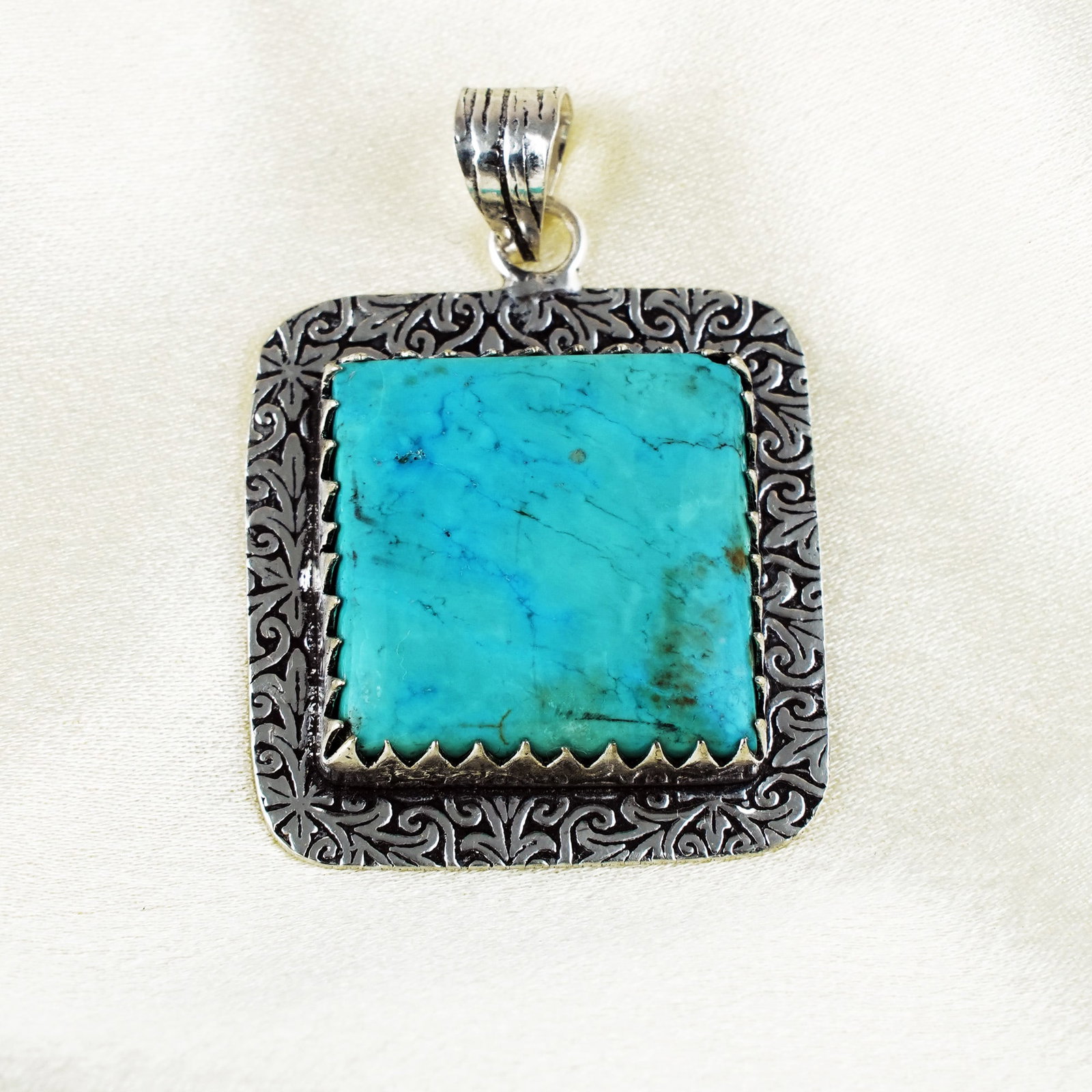 Natural Turquoise Sterling Silver Plated Handmade Pendant: Product ID: 260401132840 Product - Handmade Silver Plated Pendant Metal - 92.5 Sterling Silver Plated Pendant Size - 3.5x3 CM Gemstone - Turquoise Gemstone Origin - Tibet Gemstone Shape - Square Penda