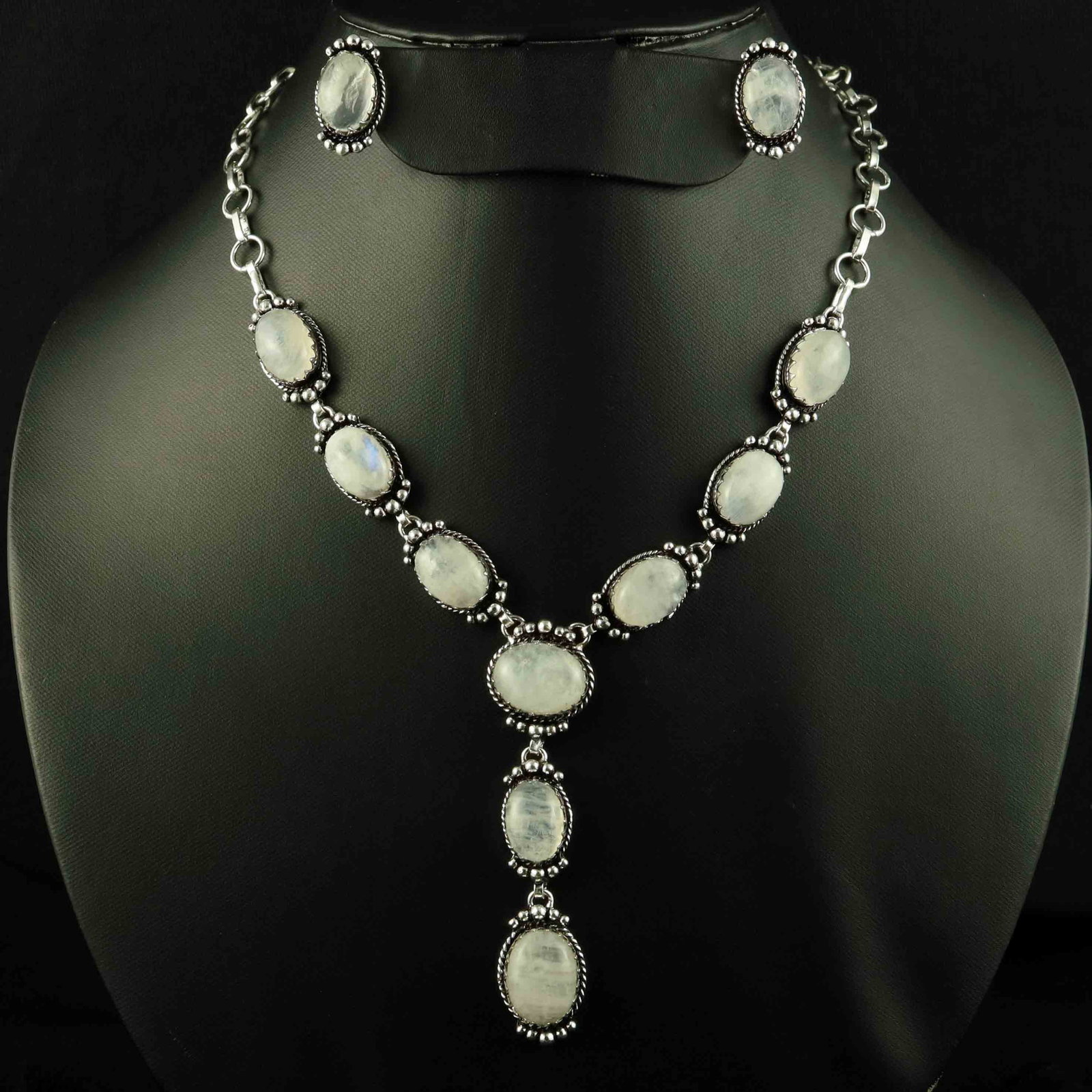 Natural Rainbow Moonstone Silver Plated Handmade Necklace With Stud Earring: Product ID: 260523150714 Product - Handmade Silver Plated Necklace With Earring Metal - 92.5 Sterling Silver Plated Necklace Length - 18 Inch Gemstone - Rainbow Moonstone Gemstone Size - 12X16 MM ( 2 