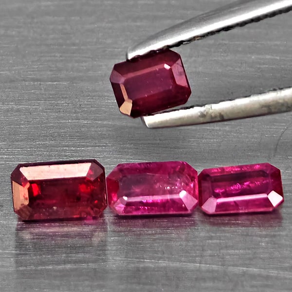 Natural Purplish Pink Ruby Gemstones 1.47 Ct. 4 Pcs. Octagon Shape and Mixed Size: Product ID: 805935936 Product Name: Natural Ruby Weight: 1.47 CT. Size: 5.5 x 3.3 x 3.3 to 4.3 x 3.3 x 2 MM. Shape: Octagon Color: Purplish Pink Clarity:SI1 Luster: Good Gems Origin: Mozambique Treatm