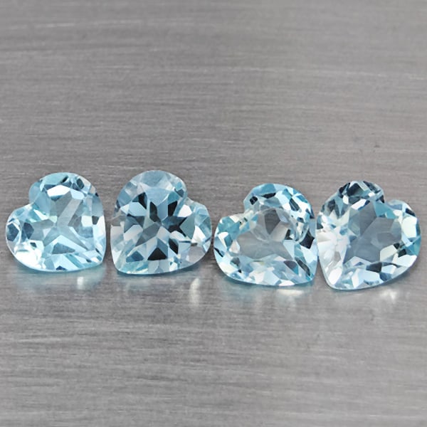 Natural Baby Blue Topaz Gemstones 3.94 Ct. 4 Pcs. Heart Shape 6.2 Mm.: Product ID: 807168987 Product Name: Natural Blue Topaz Weight: 3.94 CT. Size: 6.2 x 6.2 x 4.2 MM. Shape: Heart Shape Color: Baby Blue Clarity:SI1 Luster: Good Gems Origin: Brazil Treatment: Treated Cr