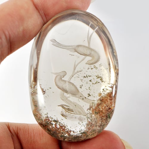 Natural Moss Quartz Gemstones 250 Ct. Birds Carving Inner Oval Cabochon Shape 50 x 35 Mm.: Product ID: 805527054 Product Name: Natural Quartz Weight: 250.00 CT. Size: 50 x 35 x 21 MM. Shape: Oval Cabochon Color: White Clarity:Semi - Transparent Luster: Good Gems Origin: Thailand Treatment: 