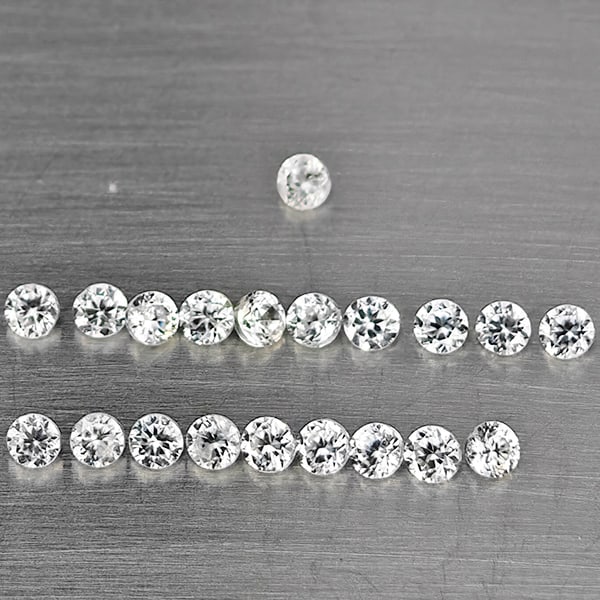 Natural White Zircon Gemstones 0.83 Ct. 20 Pcs. Round Diamond Cut 1.8 Mm.: Product ID: 807743126 Product Name: Natural Zircon Weight: 0.83 CT. Size: 1.8 x 1.8 x 1.3 MM. Shape: Round Diamond Cut Color: White Clarity:VSI Luster: Good Gems Origin: Cambodia Treatment: Heated Cry