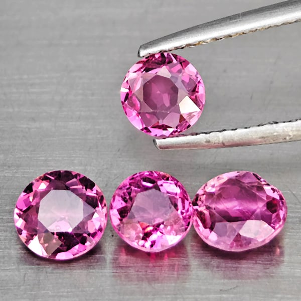 Natural Pink Tourmaline Gemstones 2.66 Ct. 4 Pcs. Round Shape 6.2 Mm.: Product ID: 807251432 Product Name: Natural Tourmaline Weight: 2.66 CT. Size: 6.2 x 6.2 x 3 to 5.5 x 5.5 x 3.8 MM. Shape: Round Shape Color: Pink Clarity:SI1 Luster: Good Gems Origin: Nigeria Treatmen