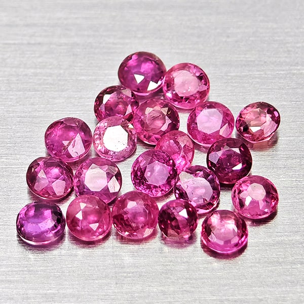 Natural Pinkish Red Ruby Gemstones 1.16 Ct. 20 Pcs. Round Shape 2.3 Mm.: Product ID: 805935390 Product Name: Natural Ruby Weight: 1.16 CT. Size: 2.3 x 2.3 x 1.3 MM. Shape: Round Color: Pinkish Red Clarity:VSI - SI1 Luster: Good Gems Origin: Thailand Treatment: Heated Cryst