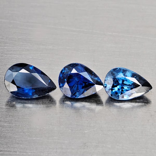 Natural Blue Sapphire Gemstones 0.78 Ct. 3 Pcs. Pear Shape 4.5 x 3.3 Mm.: Product ID: 806012414 Product Name: Natural Blue Sapphire Weight: 0.78 CT. Size: 4.5 x 3.3 x 3 MM. Shape: Pear Shape Color: Blue Clarity:SI1 Luster: Good Gems Origin: Madagascar Treatment: Heated Crys