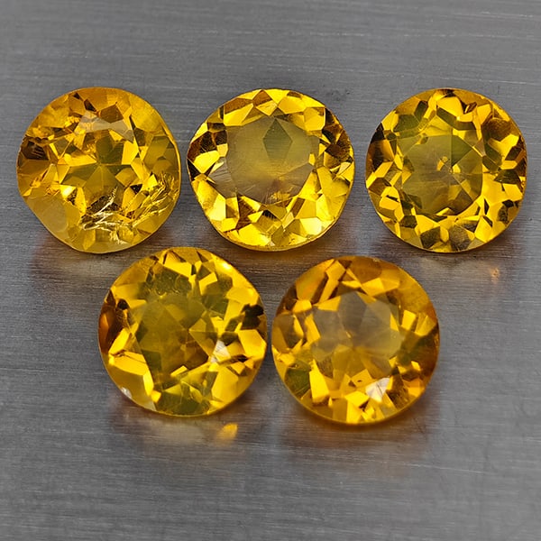 Natural Yellow Citrine Gemstones 5.44 Ct. 5 Pcs. Round Shape 7.2 Mm.: Product ID: 801815500 Product Name: Natural Citrine Weight: 5.44 CT. Size: 7.2 x 7.2 x 3.9 MM. Shape: Round Color: Yellow Clarity:SI1 Luster: Good Gems Origin: Brazil Treatment: Unheated Crystal Struc
