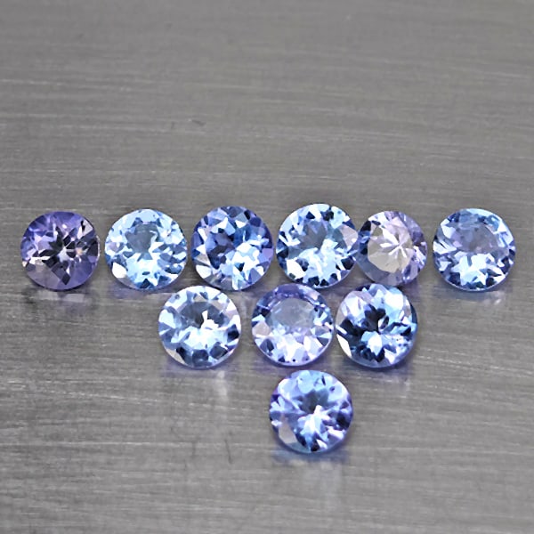 Natural Violetish Blue Tanzanite Gemstones 2.42 Ct. 10 Pcs. Round Shape 4 Mm.: Product ID: 807015069 Product Name: Natural Weight: 2.42 CT. Size: 4 x 4 x 2.6 MM. Shape: Round Color: Violetish Blue Clarity:VSI Luster: Good Gems Origin: Tanzania Treatment: Heated Crystal Structure