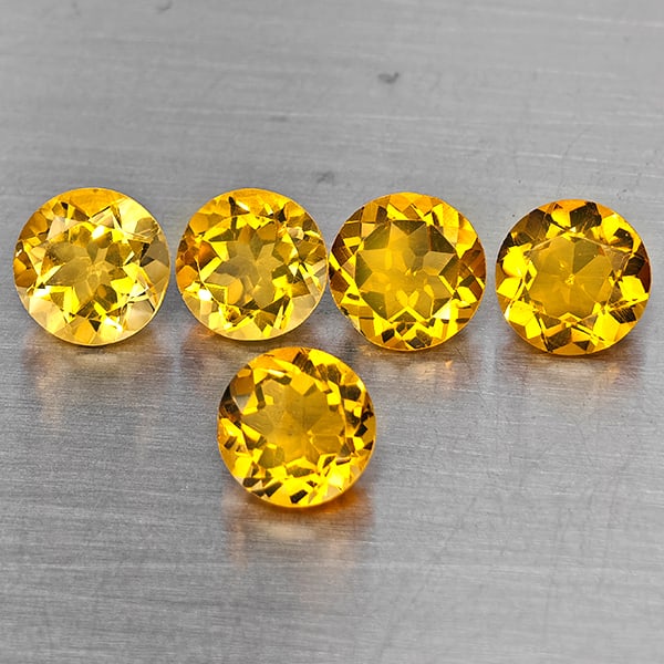 Natural Yellow Citrine Gemstones 5.31 Ct. 5 Pcs. Round Shape 7.2 Mm.: Product ID: 801815478 Product Name: Natural Citrine Weight: 5.31 CT. Size: 7.2 x 7.2 x 3.7 MM. Shape: Round Color: Yellow Clarity:VSI Luster: Good Gems Origin: Brazil Treatment: Unheated Crystal Struc
