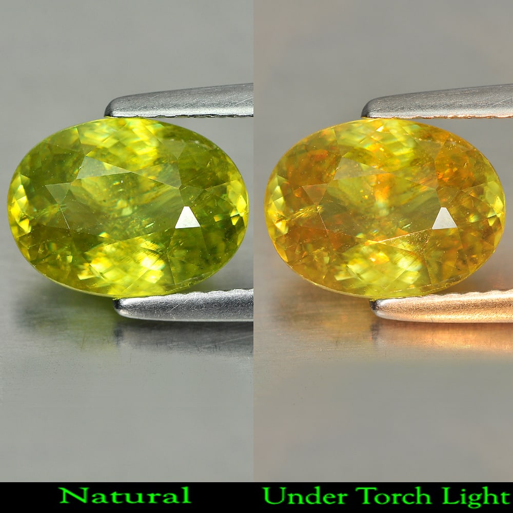 Natural Green Titanium Sphene Gemstones With Rainbow Spark 2.43 Ct. Oval Shape 9.8 x 7.4 Mm.: Product ID: 806507809 Product Name: Natural Sphene Weight: 2.43 CT. Size: 9.8 x 7.4 x 4.5 MM. Shape: Oval Color: Green Clarity:VSI Luster: Adamantine Gems Origin: Madagascar Treatment: Unheated Crysta