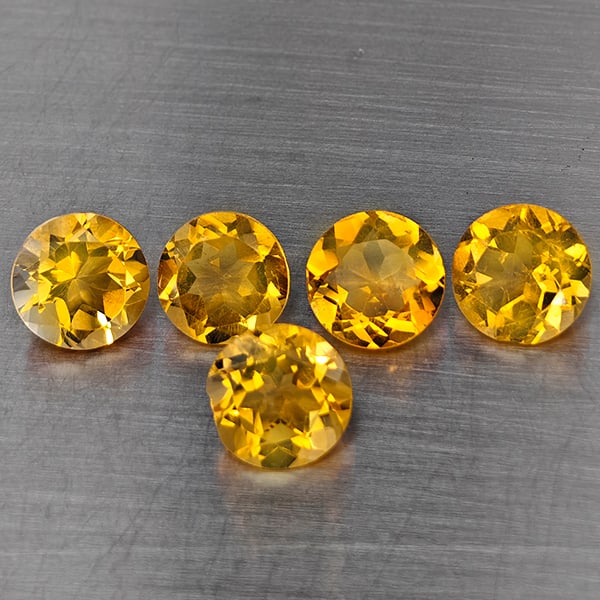 Natural Yellow Citrine Gemstones 5.53 Ct. 5 Pcs Round Shape 7.2 Mm.: Product ID: 801815487 Product Name: Natural Citrine Weight: 5.53 CT. Size: 7.2 x 7.2 x 4.1 MM. Shape: Round Shape Color: Yellow Clarity:VSI Luster: Good Gems Origin: Brazil Treatment: Unheated Crystal