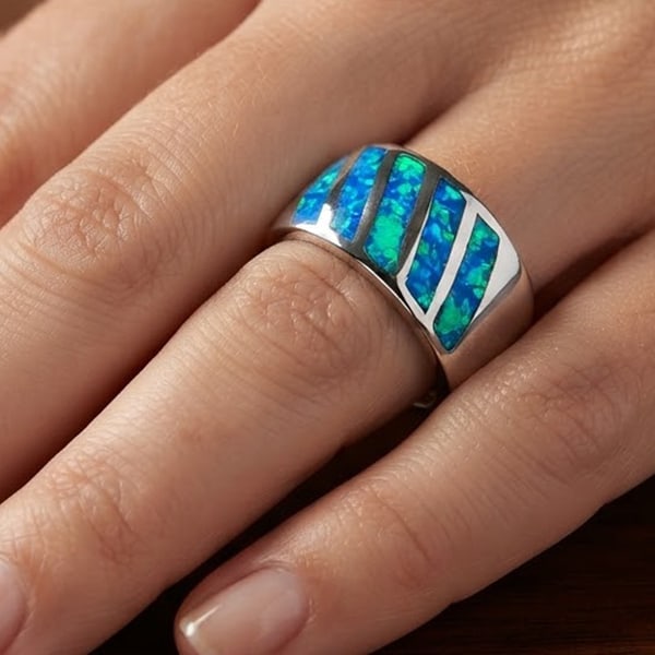 925 Sterling Silver Ring Size 8.5 With Blue Created Opal Inlay: Product ID: 280110081 Product Type: 925 Sterling Silver Fine Jewelry Jewelry Weight: 8.26 Grams. Ring Size: 8.5 Resizable(Fee) Gemstones Color: Multi-Color Metal: Solid Silver 92.5%. Gemstone Detail: 