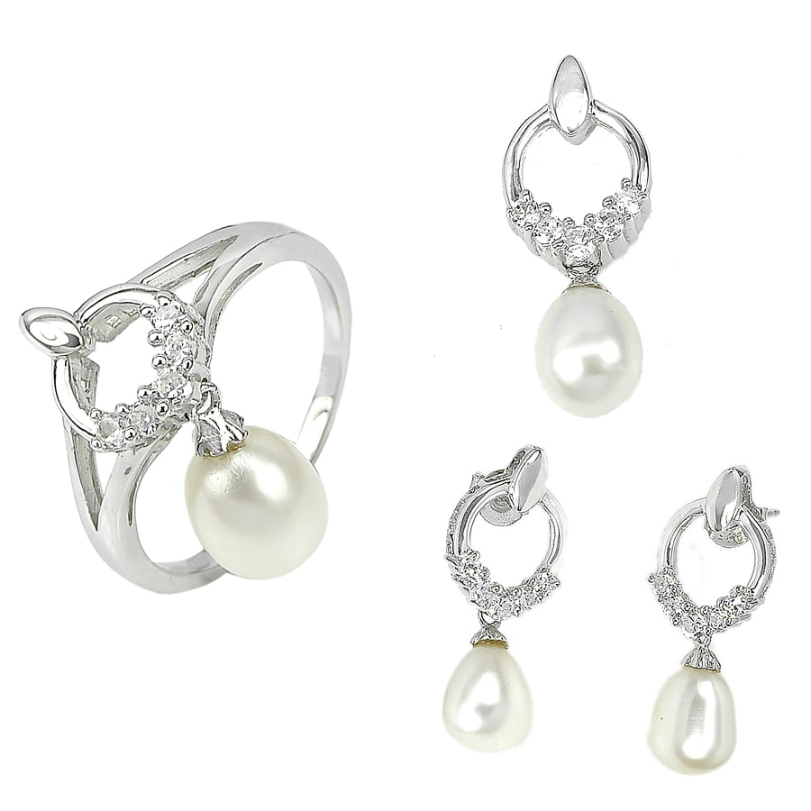 Natural White Pearl 925 Sterling Silver Jewelry Set Pendant Earrings And Ring Size 9 (1 of 3)