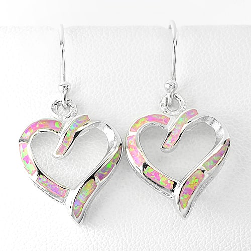 925 Sterling Silver Earrings Jewelry with Multi Color Pink Opal Heart Design (1 of 3)