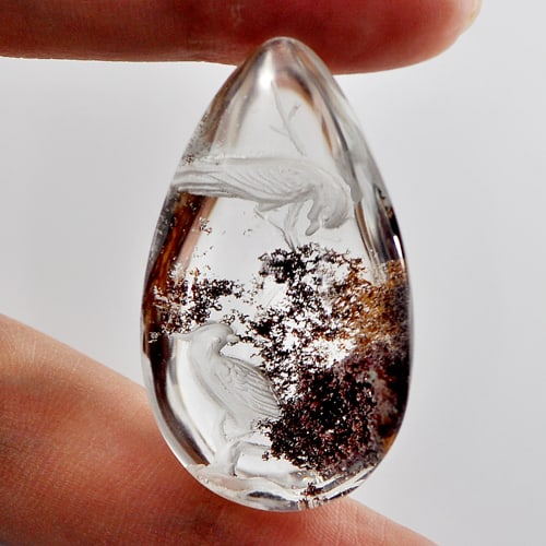 Natural Moss Quartz Gemstones Birds Carving 75.00 Ct. Pear Cabochon Shape 39 x 23 Mm.: Product ID: 805527045 Product Name: Natural Quartz Weight: 75.00 CT. Size: 39 x 23 x 16 MM. Shape: Pear Cabochon Color: White Clarity:Semi - Transparent Luster: Good Gems Origin: Thailand Treatment: U