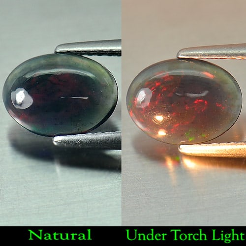 Natural Fire Red Black Opal Gemstones 1.02 Ct. Oval Cabochon Shape 10.2 x 7.7 Mm.: Product ID: 818724703 Product Name: Natural Opal Weight: 1.02 CT. Size: 10.2 x 7.7 x 3 MM. Shape: Oval Cabochon Color: Rainbow Fire Red Black Clarity:Semi - Transparent Luster: Iridescent Gems Origin: